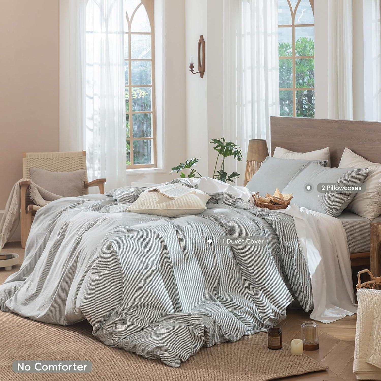 MooMee Striped Duvet Cover Set 100% Washed Cotton Linen Like Textured Breathable Durable Soft Comfy (Heathered Green Pinstripes, Queen 90"x90") Pinstripes - Heathered Green (No Comforter) Queen (90"x90")