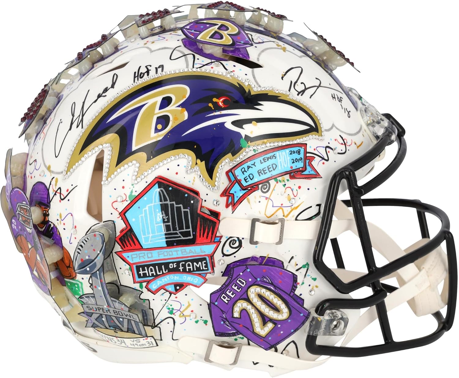 Ray Lewis & Ed Reed Baltimore Ravens Autographed Riddell Flat Alternate Revolution Speed Authentic Helmet with Hall of Fame Inscriptions - Art by Charles Fazzino - XP14012990 - Autographed College