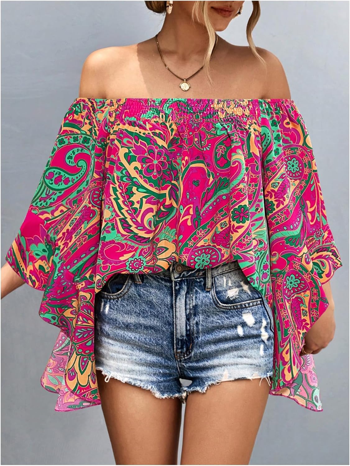 Women's Y2K Floral Off Shoulder Blouse Boho Shirt Ruffle Half Bell Sleeve Blouses Shirred Vacation Beach Shirt - Image 4
