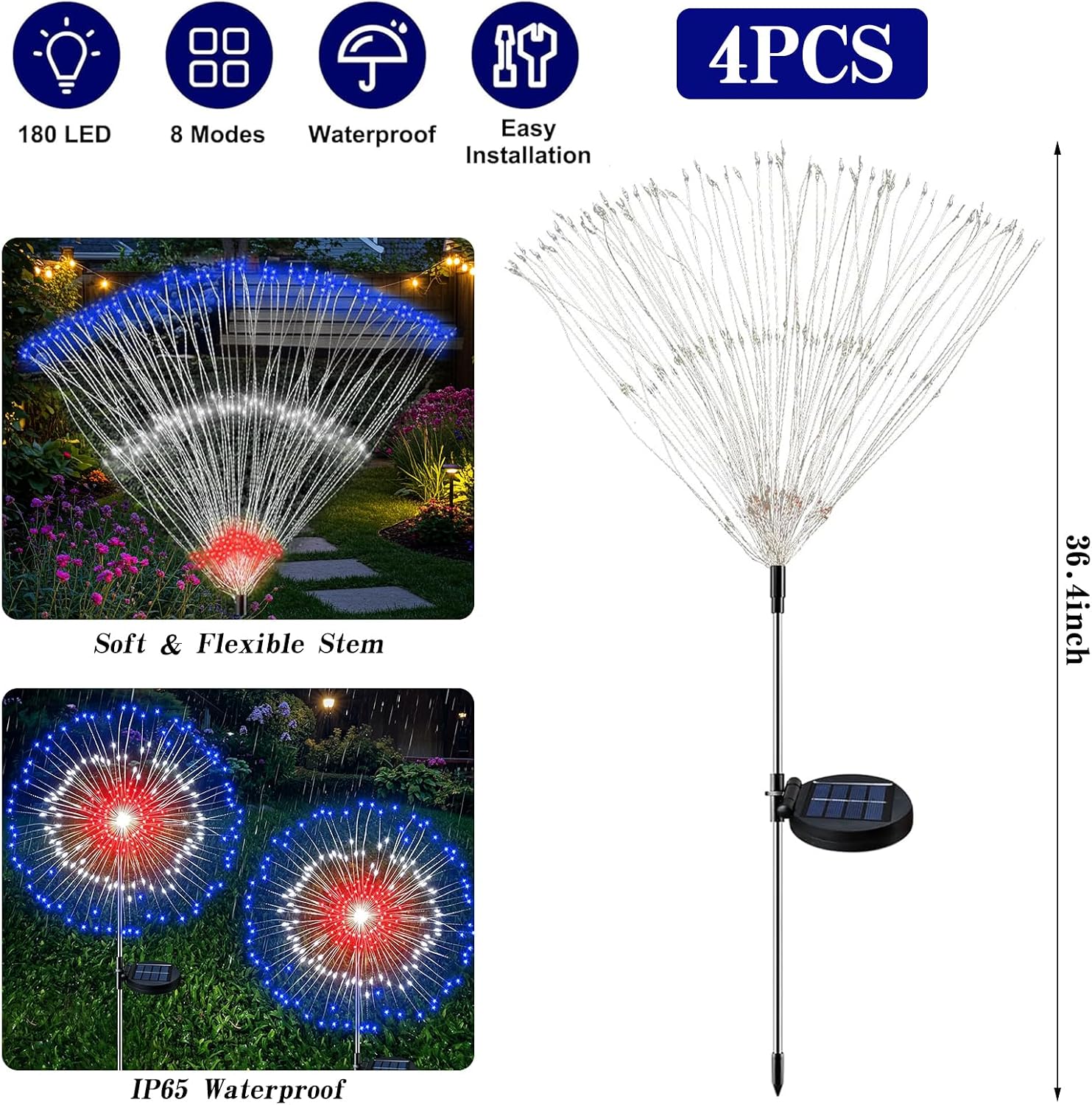 4 Pack 4th of July Solar Fireworks Lights Outdoor, 210 LED Red White and Blue Solar Lights Outdoor Decorations, Patriotic Solars Light with 8 Modes for Forth of July Yard Outside Decorations
