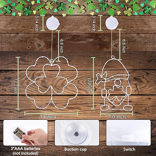 Miniatura 5 de Decoraciones del día de San Patricio, 2 luces de ventana de trébol irlandés y gnomo, funciona con pilas, marco de metal, decoración de ventana del