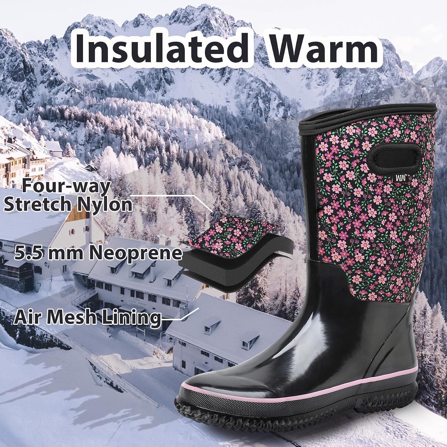 WTW Mid Calf Rain Boots for Women - Waterproof Insulated Neoprene Mud Boots Outdoor Hunting Garden Boots