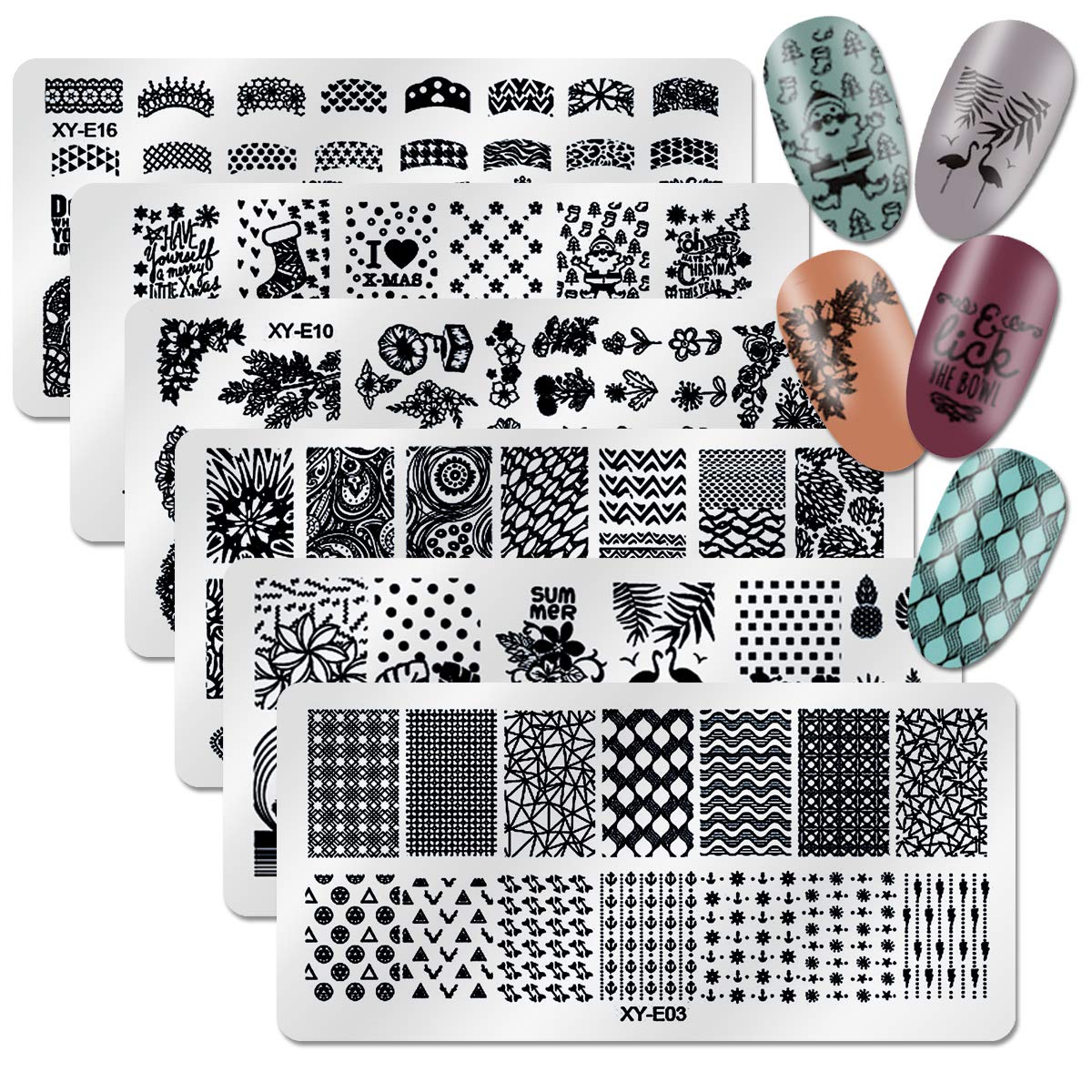 DANNEASY 6Pcs Nail Stamping Plate Set 1Nail Stamper 1Scraper 1Storage Bag Geometry Stripe Christmas Design Nail Template Image Plate Manicure Stamp Kit