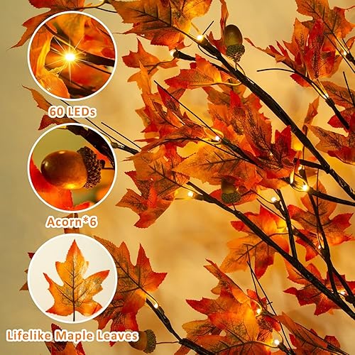 Miniatura 2 de Paquete de 2 árboles de arce iluminados de 4 pies, decoración de otoño de Acción de Gracias, 60 LED blanco cálido regulable con temporizador
