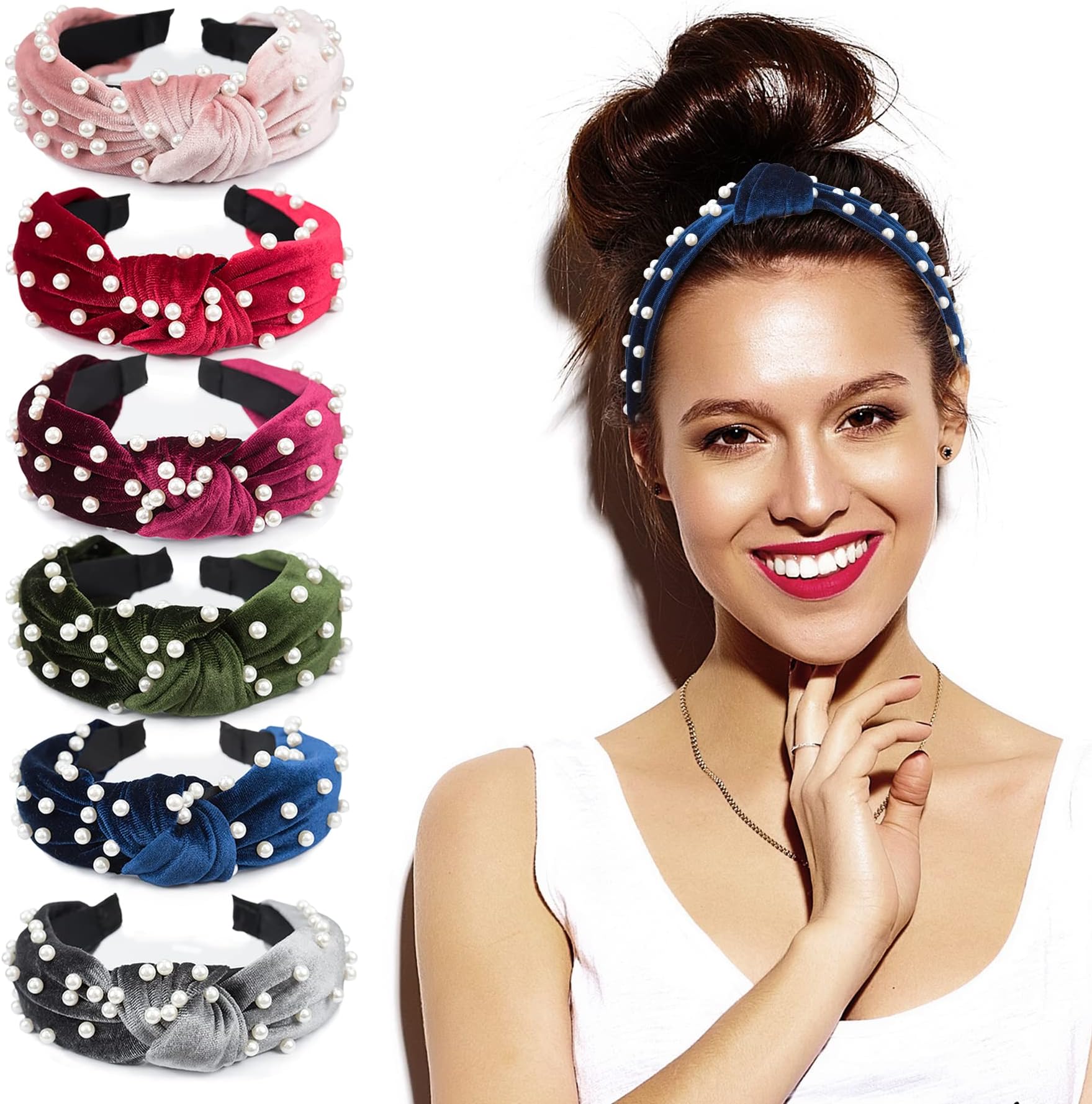 EAONE Pearl Headbands 6 Colors, Knotted Headbands for Women Fashion Turban Headband Hair Bands Wide Headbands Accessories for Girls with 1 Pouch Bag