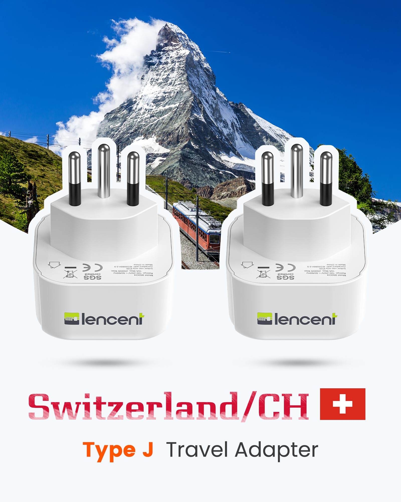 LLENCENT Adattatore Presa Svizzera da Viaggio, Presa Schuko 2 Pin Europa a 3 Pin Svizzera, Tipo J
