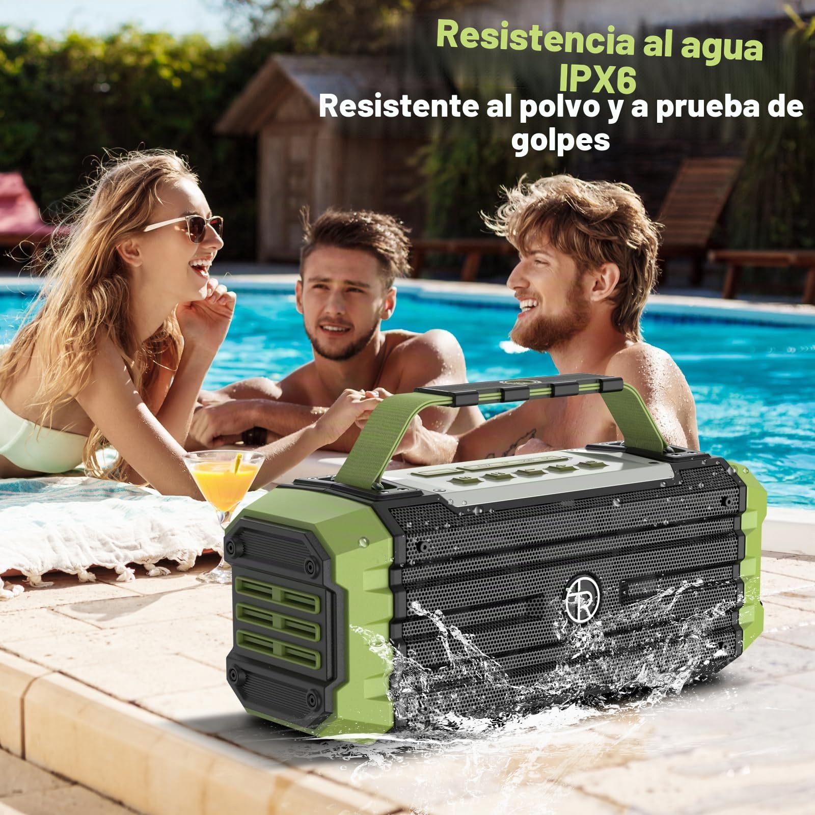 Altavoz Bluetooth portátil de 120 W con pico de 80 W, emparejamiento TWS, graves profundos, altavoz de alta fidelidad, resistente al agua IPX6, Boombox de sonido DSP para exteriores, camping (Verde)