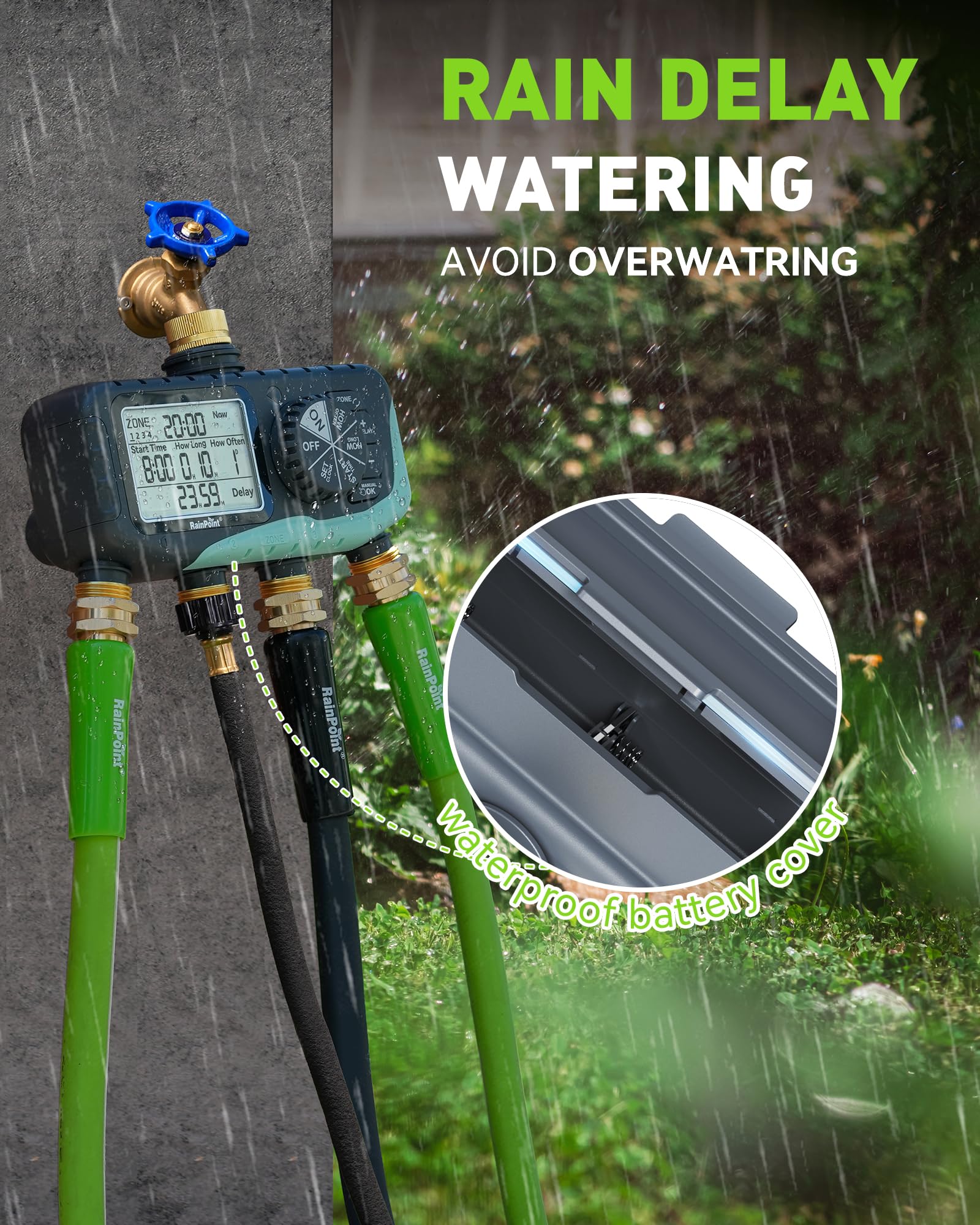 RAINPOINT Minuteur d'arrosage numérique à 4 zones, minuterie d'irrigation d'eau programmable avec retard de pluie, système d'arrosage automatique manuel pour tuyaux d'arrosage de pelouse et cour