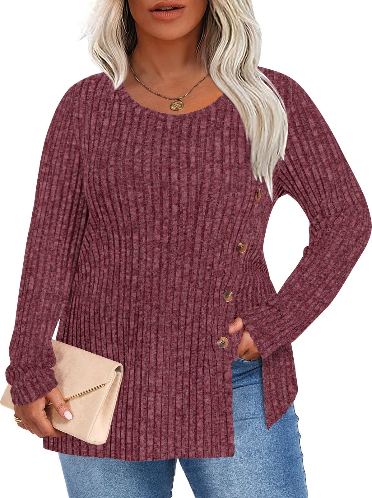 HOTGIFT Women Plus Size Top Knit Long Sleeve Sweater Button Tunic XL-5XL