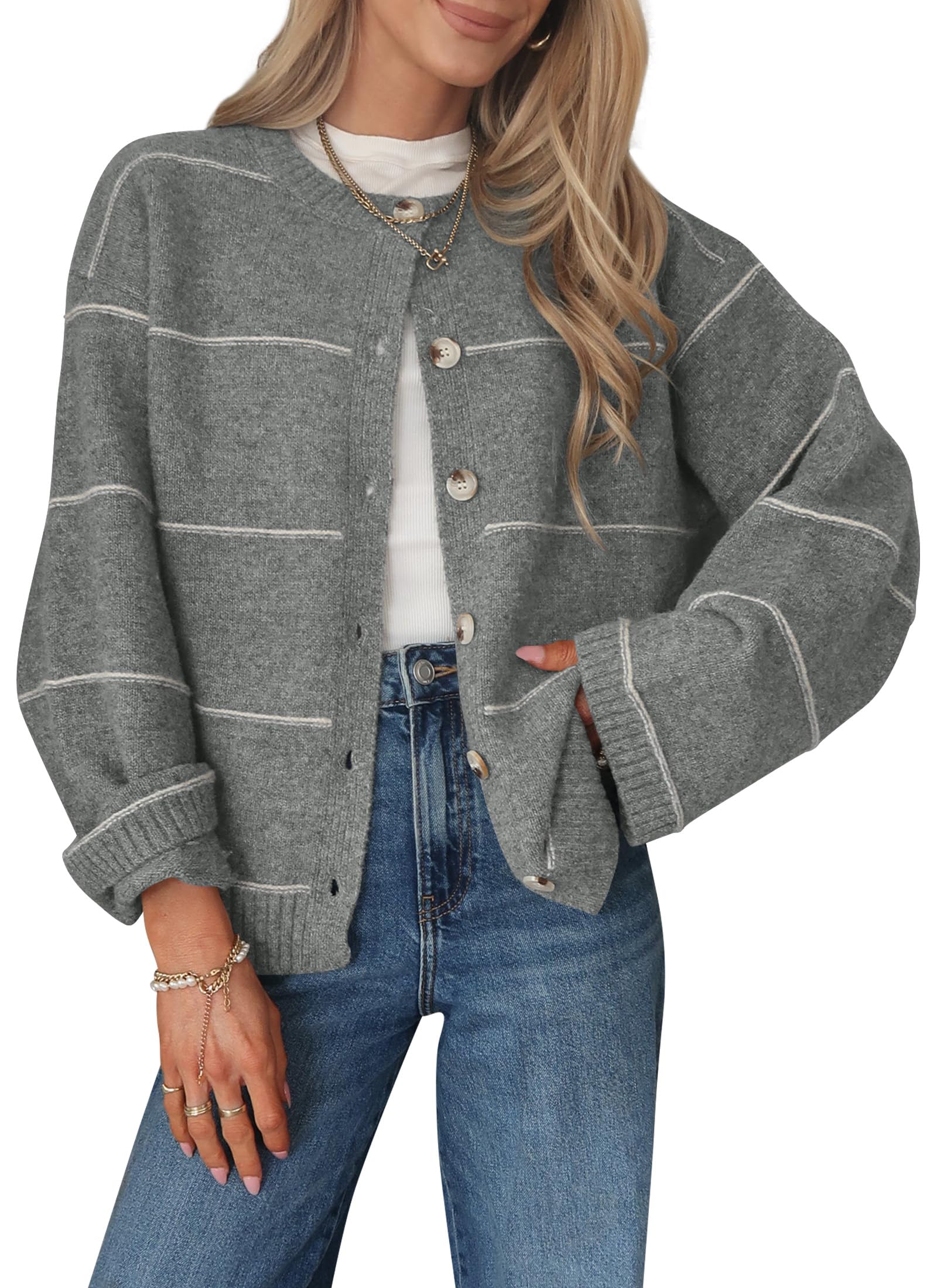 Balimtoy Striped Cardigan Sweaters for Women Trendy Long Sleeve Crewneck Button Up Sweater Fall Winter Outerwear