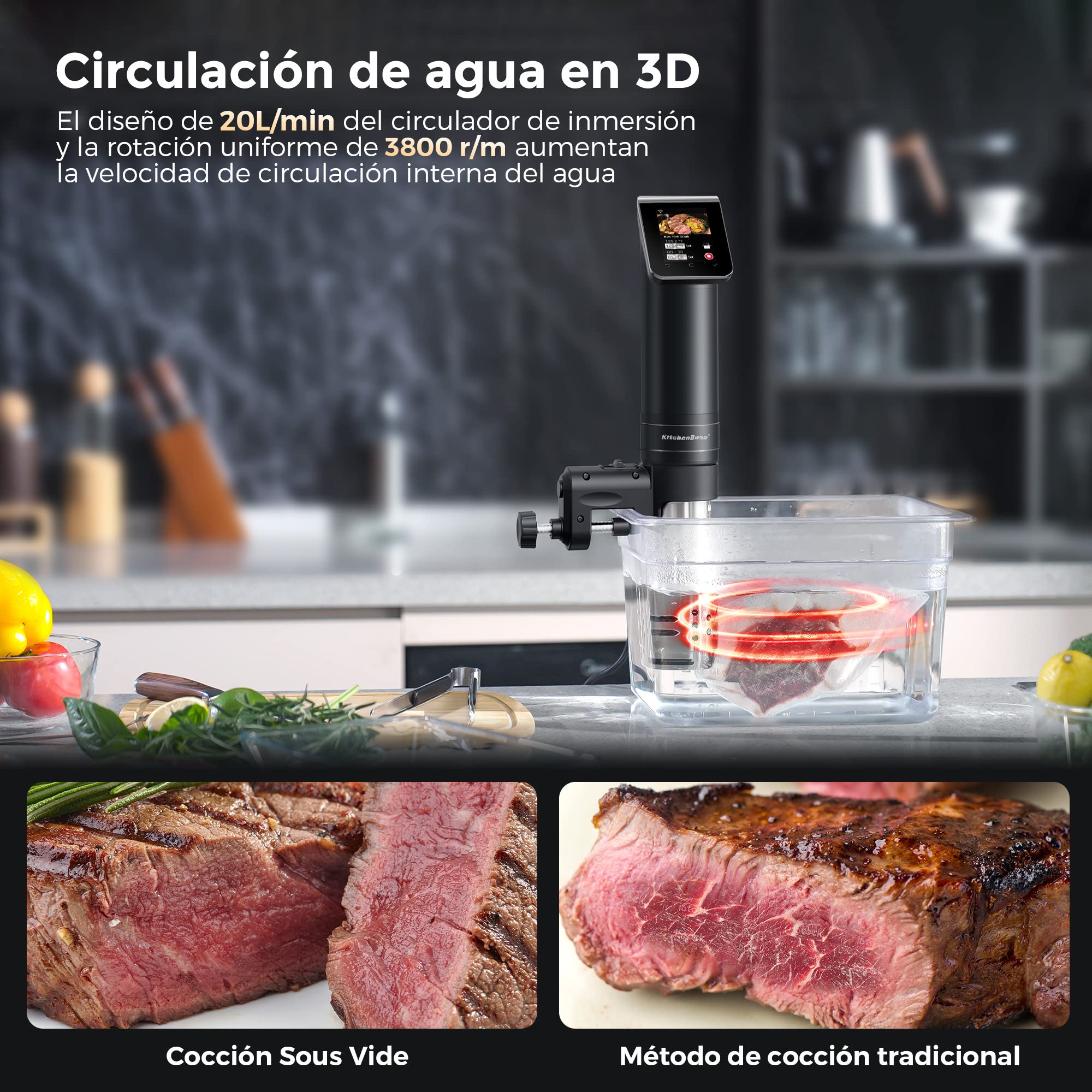 KitchenBoss Wifi Roner Cocina Baja Temperatura: G330 WLAN Sous Vide Roner, 1100W,Inmersión a Prueba de Agua IPX7 Circuladores Control de APP y Temperatura de Precisión TFT táctil Muy tranquilo
