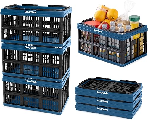 CleverMade Cesta de compras plegable, océano, paquete de 3 16 litros (4 galones) cestas de plástico reutilizables para compras, soporta 22 libras