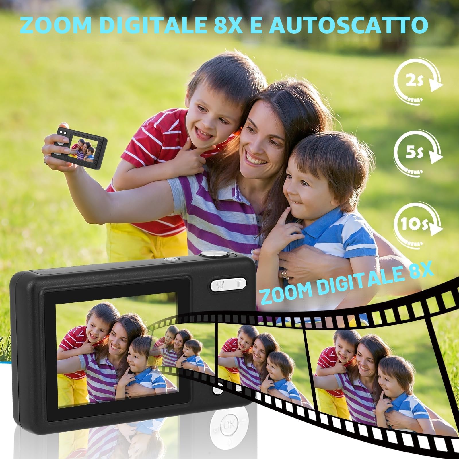 Macchina Fotografica Digitale con Scheda 64GB, 1080P 40MP Fotocamera Digitale Compatta con Zoom Digitale 8X Flash, Fotocamere Digitali Per Bambini Adolescenti Adulto Principianti (Nero)