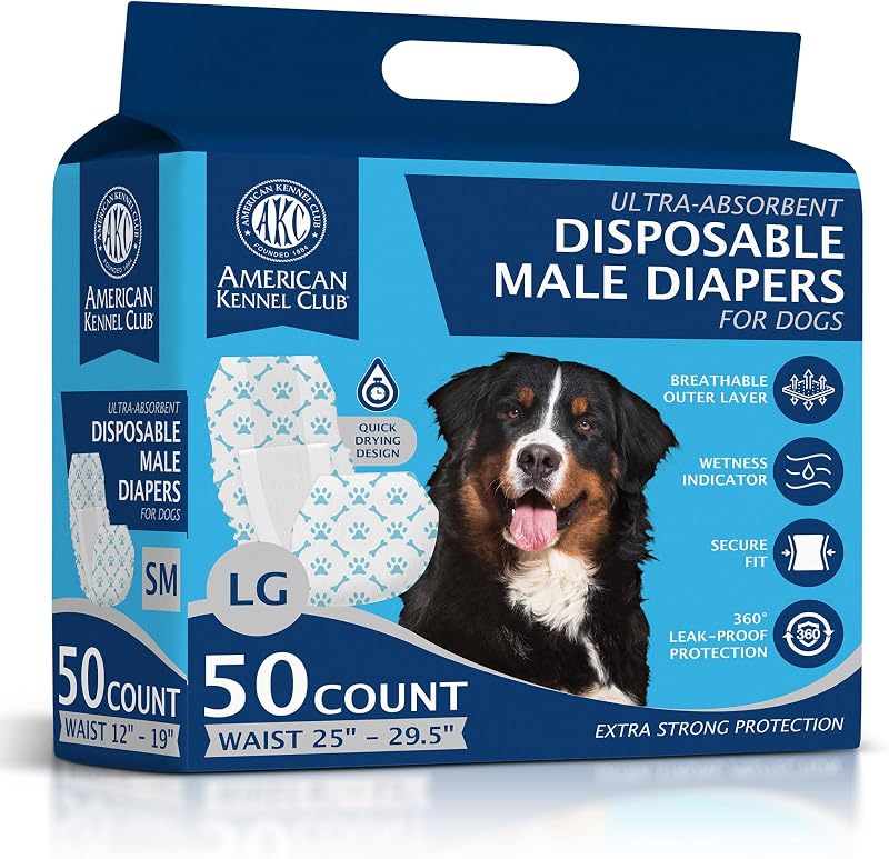 Fralda descartável tipo faixa para cães machos American Kennel Club com indicador de umidade, tamanho Grande, pacote com 50