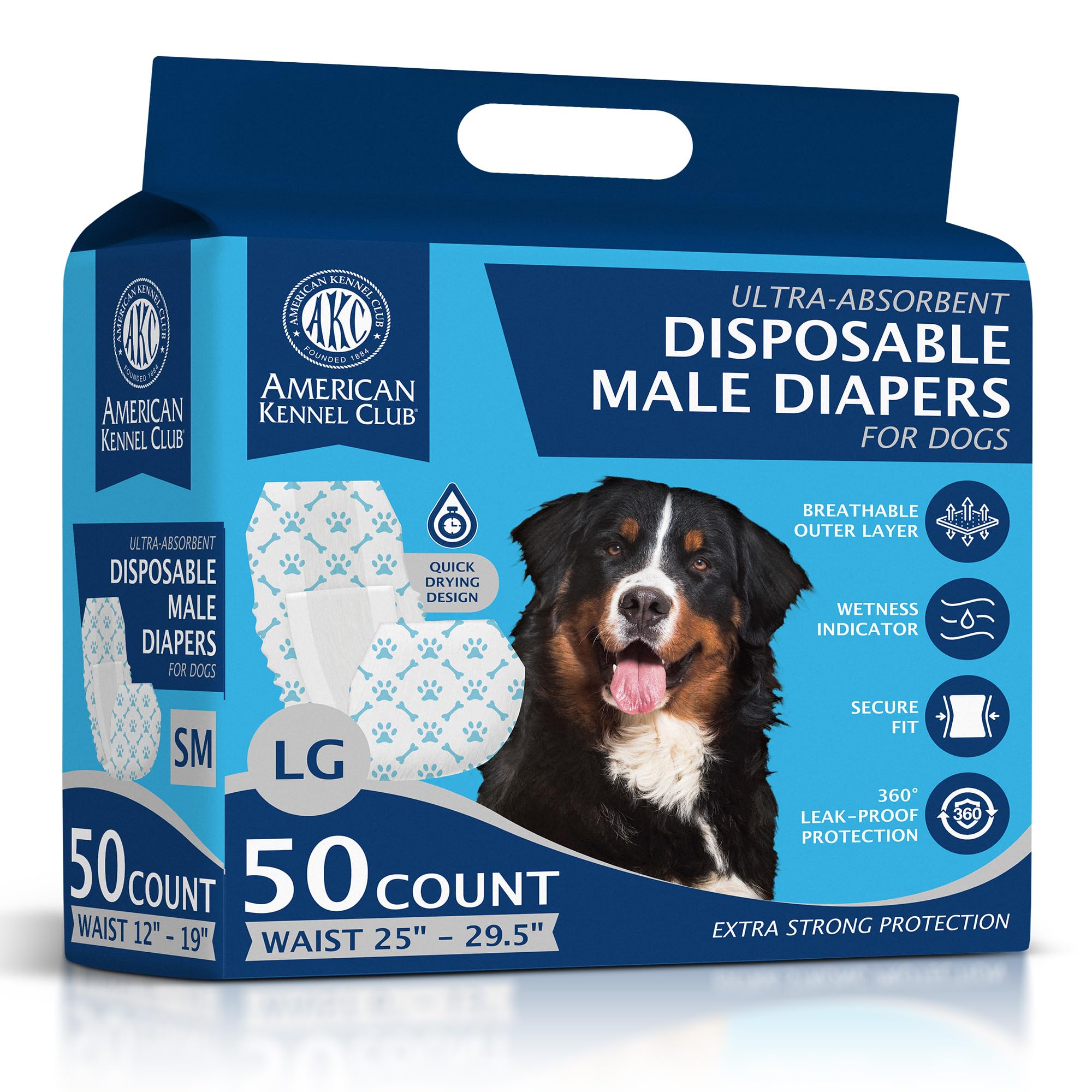 American Kennel Club Male Dog Wrap, Disposable Diapers with Wetness Indicator, Large, 50 Count