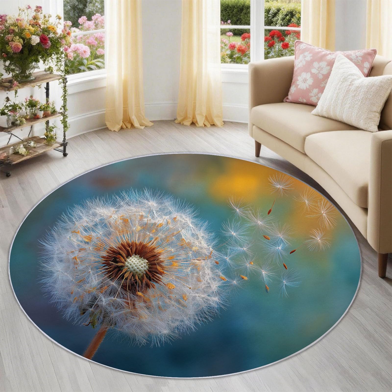 Tapis rond pissenlit 120cm lavable tapis beige salon salle à manger