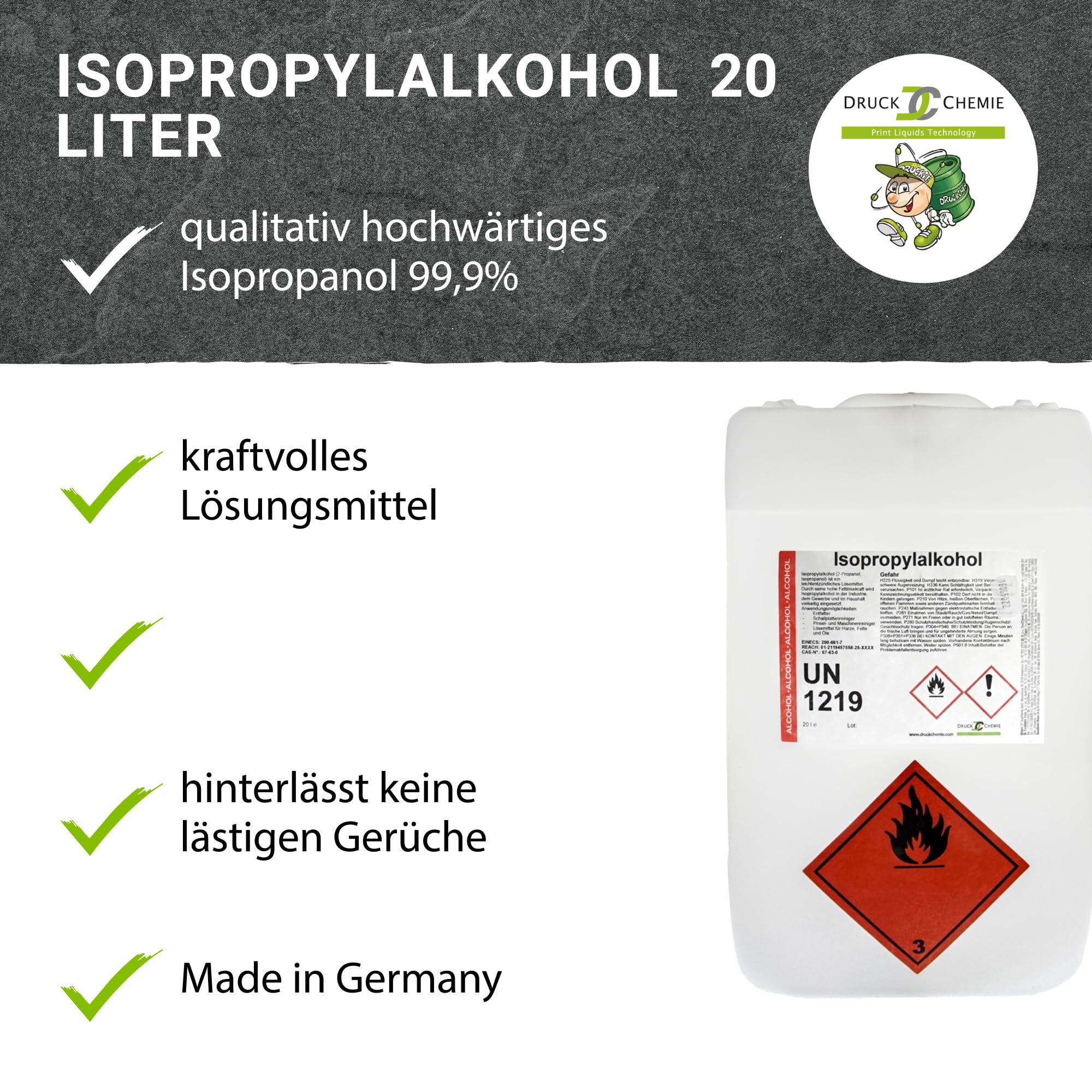 Isopropylalkohol, 20 Liter - Isopropanol 99,9% - Starker Reinigungsalkohol & Fettlöser - Frostschutzmittel