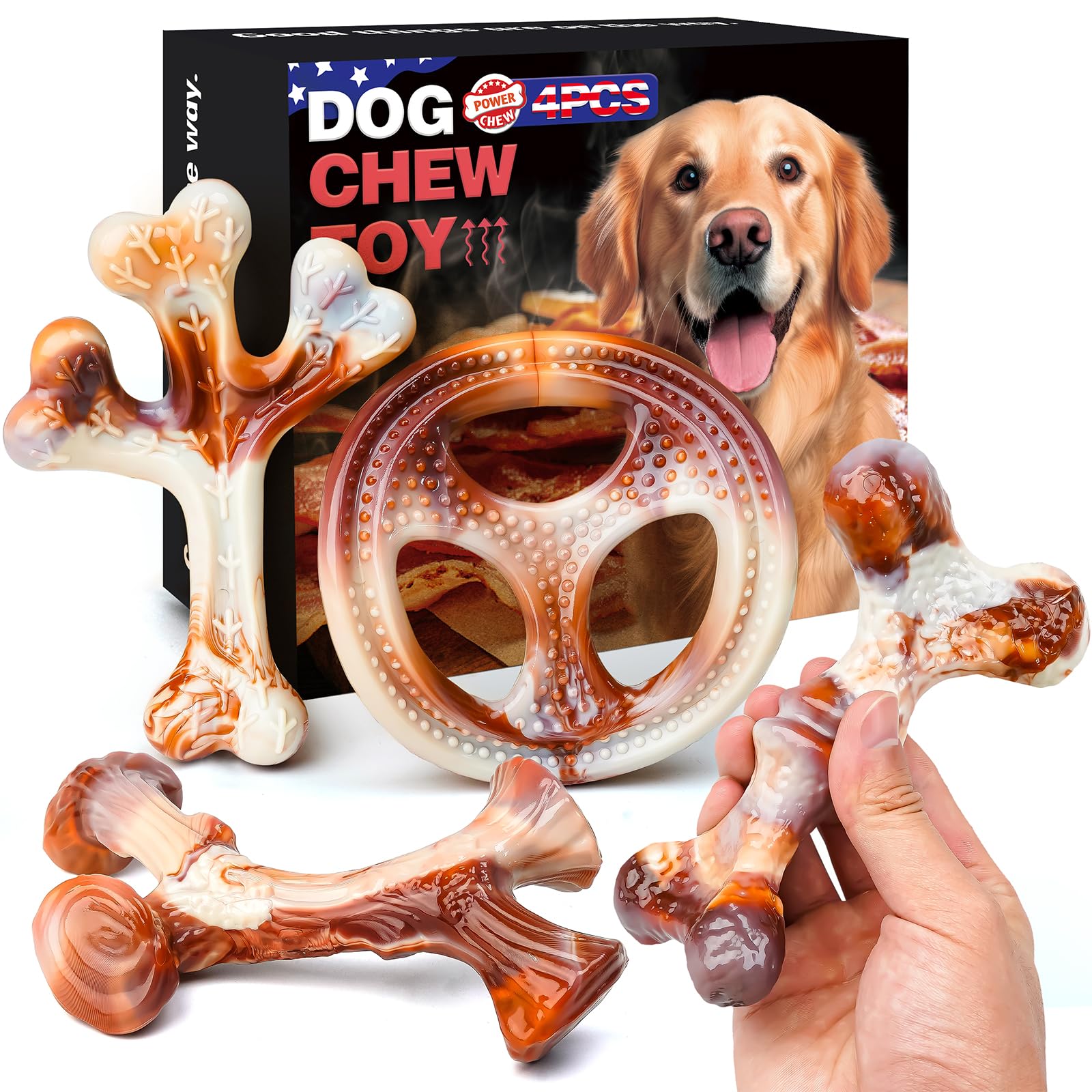 4 Pack Dog Chew Toys for Aggressive Chewers - Tough Indestructible Dog Toys with Bacon Flavor- Durable Nylon Bones Toy for Small Medium Large Breed - Puppy Gifts