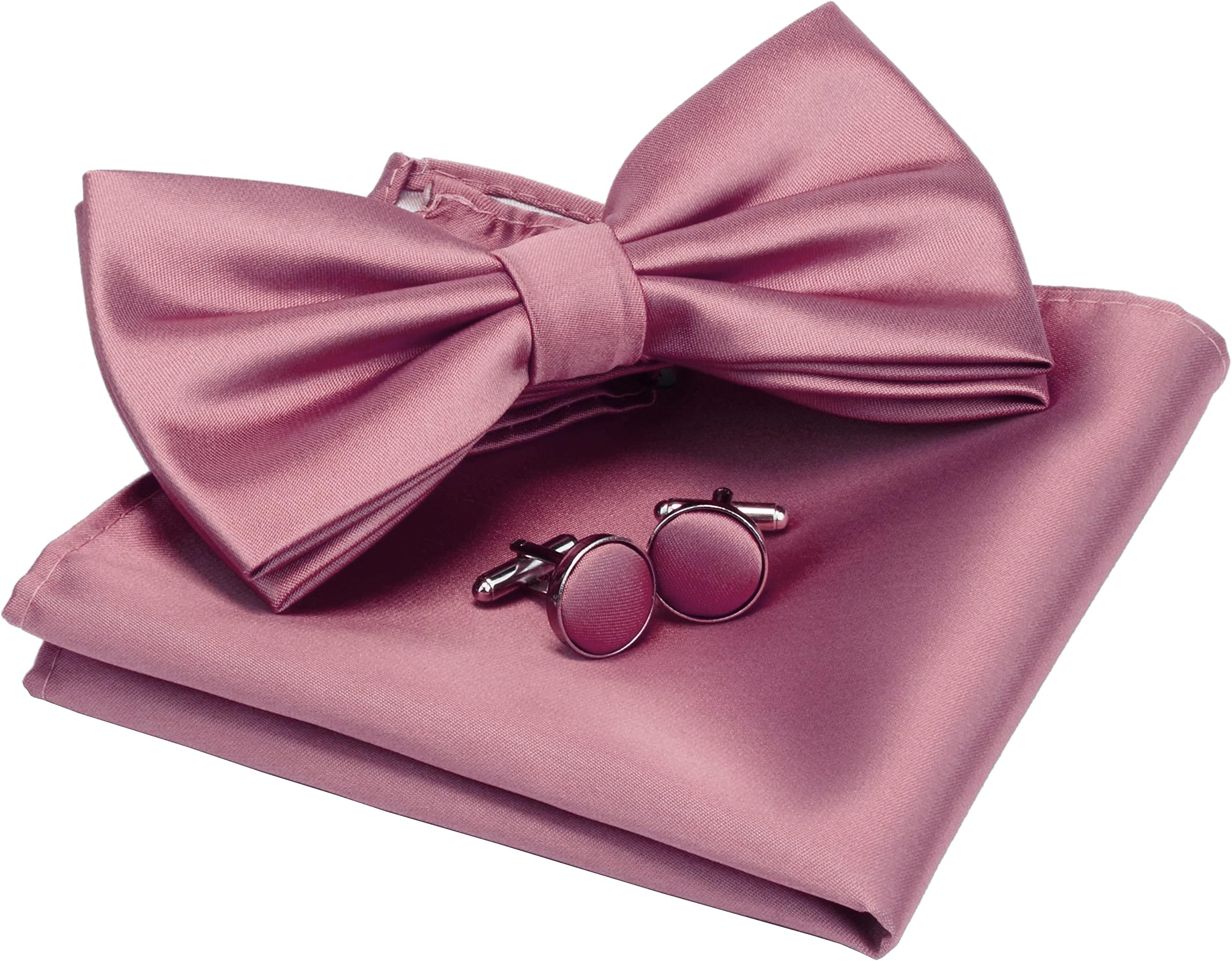 Mens Solid Color Double Fold Pre-tied Bow Tie and Pocket Square Cufflink Set with Gift Box