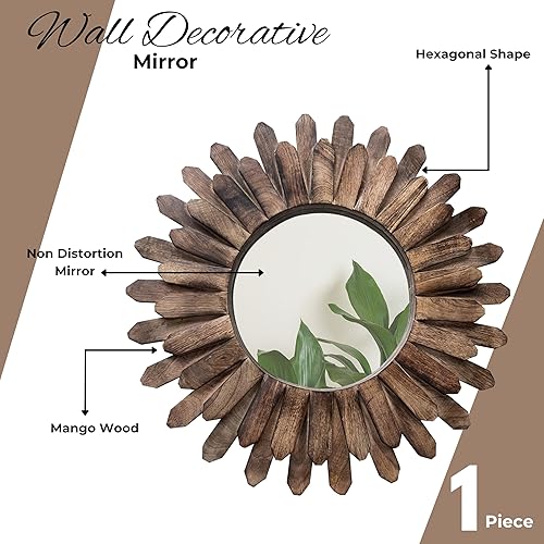 Miniatura 2 de Espejo redondo rústico de madera con forma de explosión de sol de 12 pulgadas, acabado quemado, decoración de pared bohemia para dormitorio, sala de