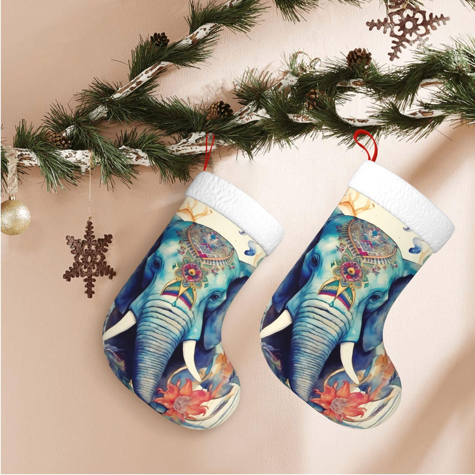 Peacock Feathers Elephant Christmas Stockings Velvet Xmas Fireplace Hanging Stocking with Plush Cuff Rustic Christmas Santa Stockings for Home Christmas Decorations Party Favor Supplies
