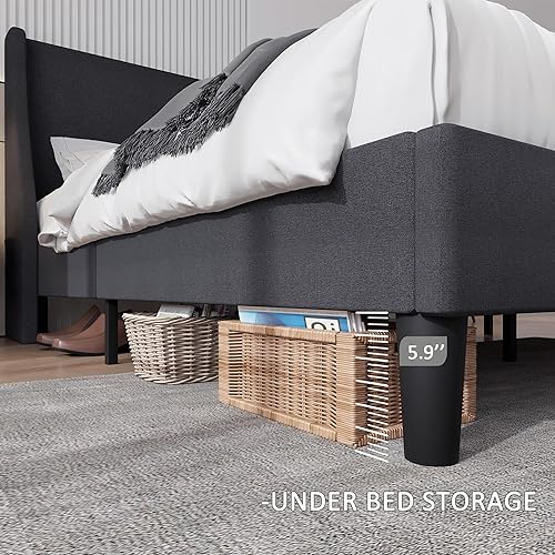 Miniatura 27 de VECELO Base de cama matrimonial con cabecera tapizada con respaldo alado, plataforma resistente con estación de carga y bolsillos laterales, no