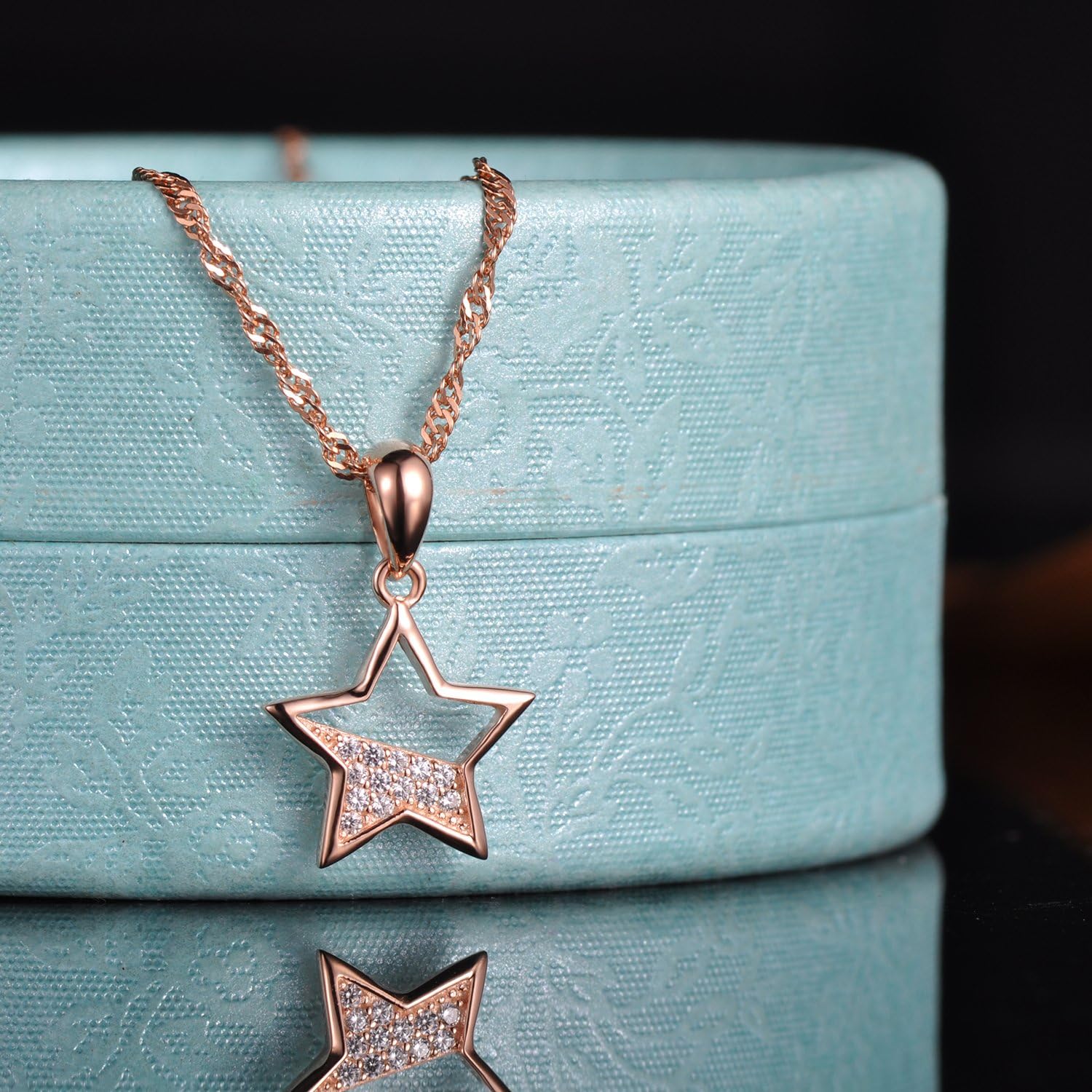 Yumilok Jewelry 925 Sterling Silver Cubic Zirconia Half Hollow Star Pendant Necklace for Women/Girls