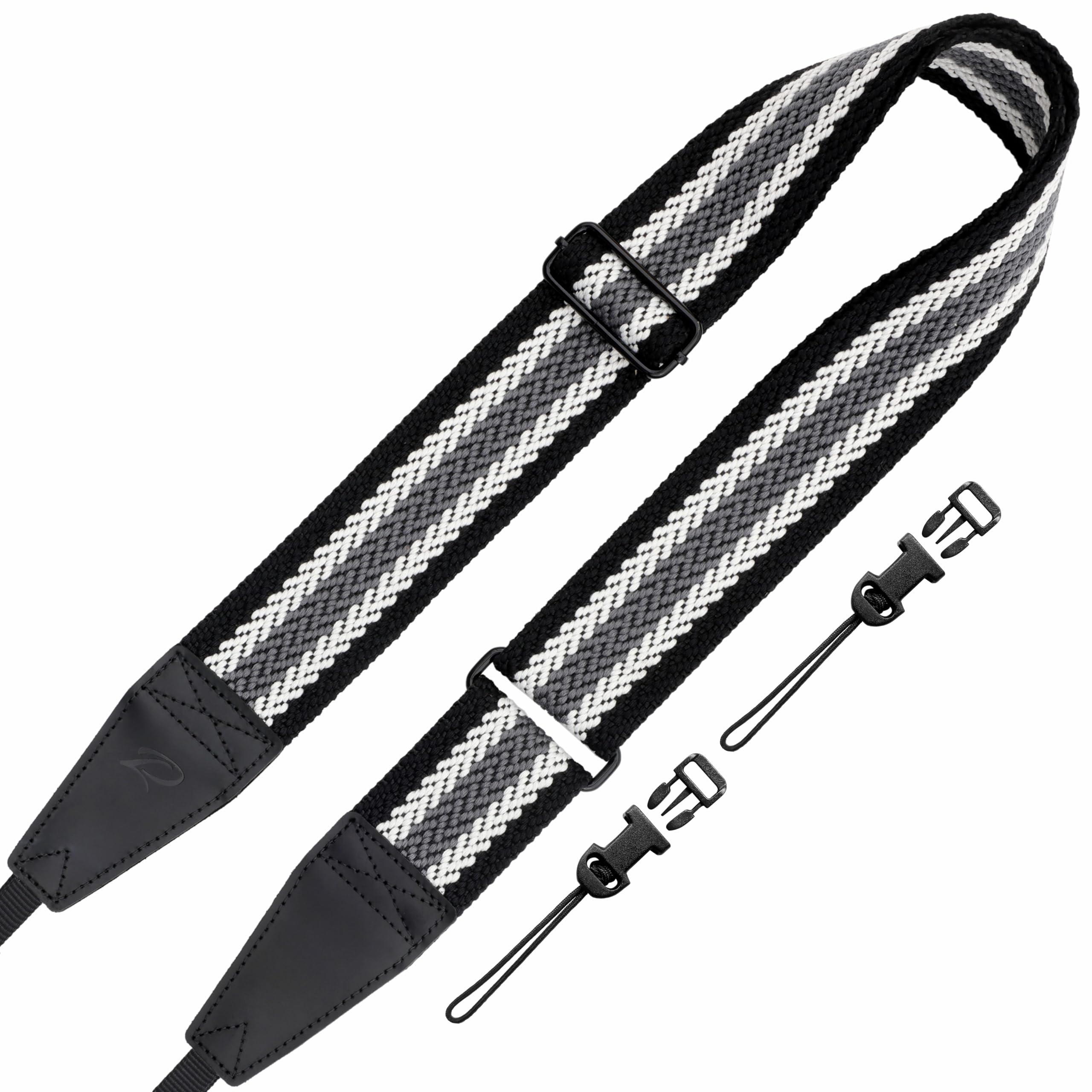 Padwa Lifestyle Extra Long Adjustable Camera Strap for Photographers - 2" Wide Full Grain Cowhide Leather Ends Camera Straps with Quick Release for All Cameras,Binoculars(Stripe Gray Black White)