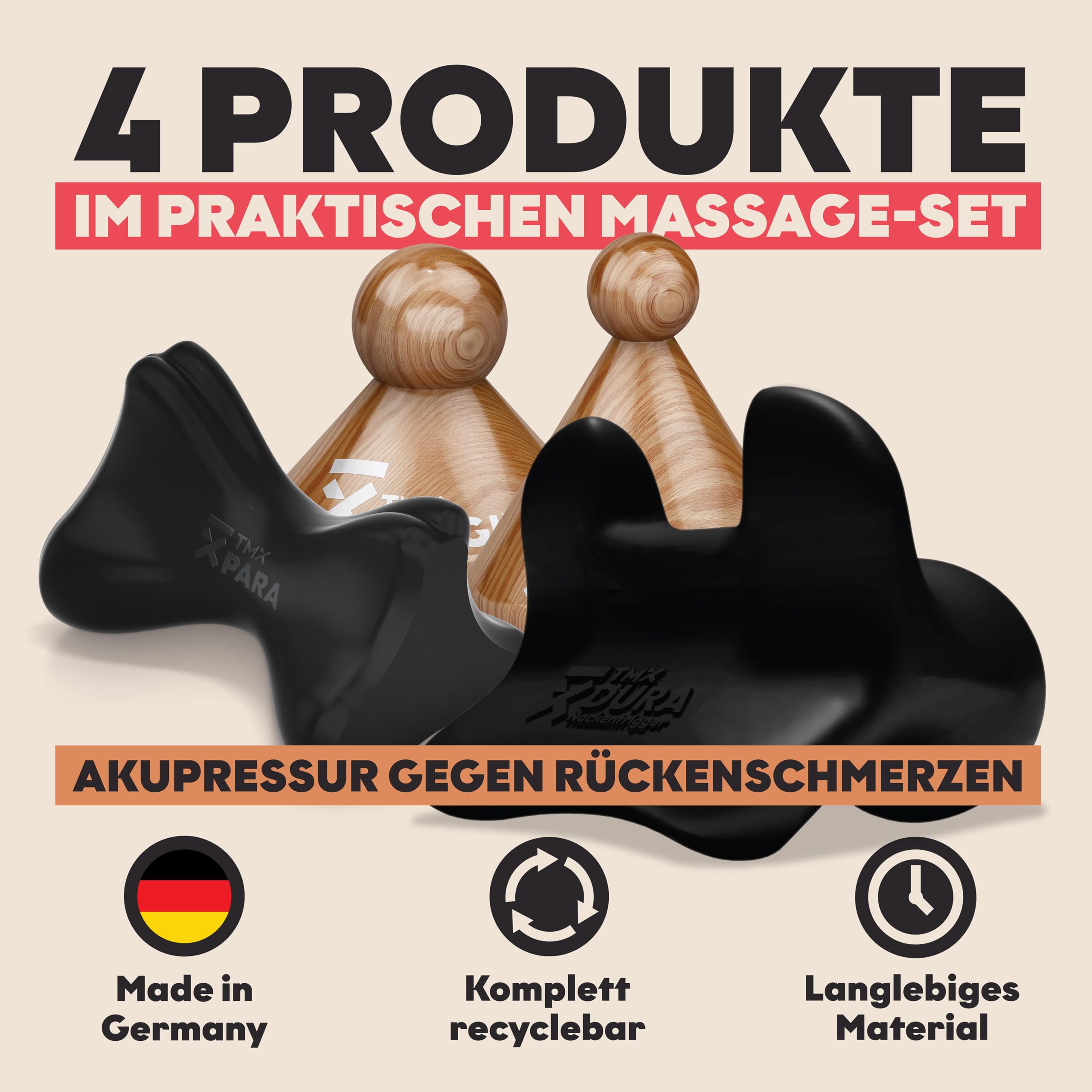 TMX® Rücken-Bundle | Massage-Set | Akupressur gegen muskuläre Rückenschmerzen | Schmerzpunktmassage | Triggerpunktdrücker | Triggerpoint-Massage | 4 Trigger-Tools in einem Set
