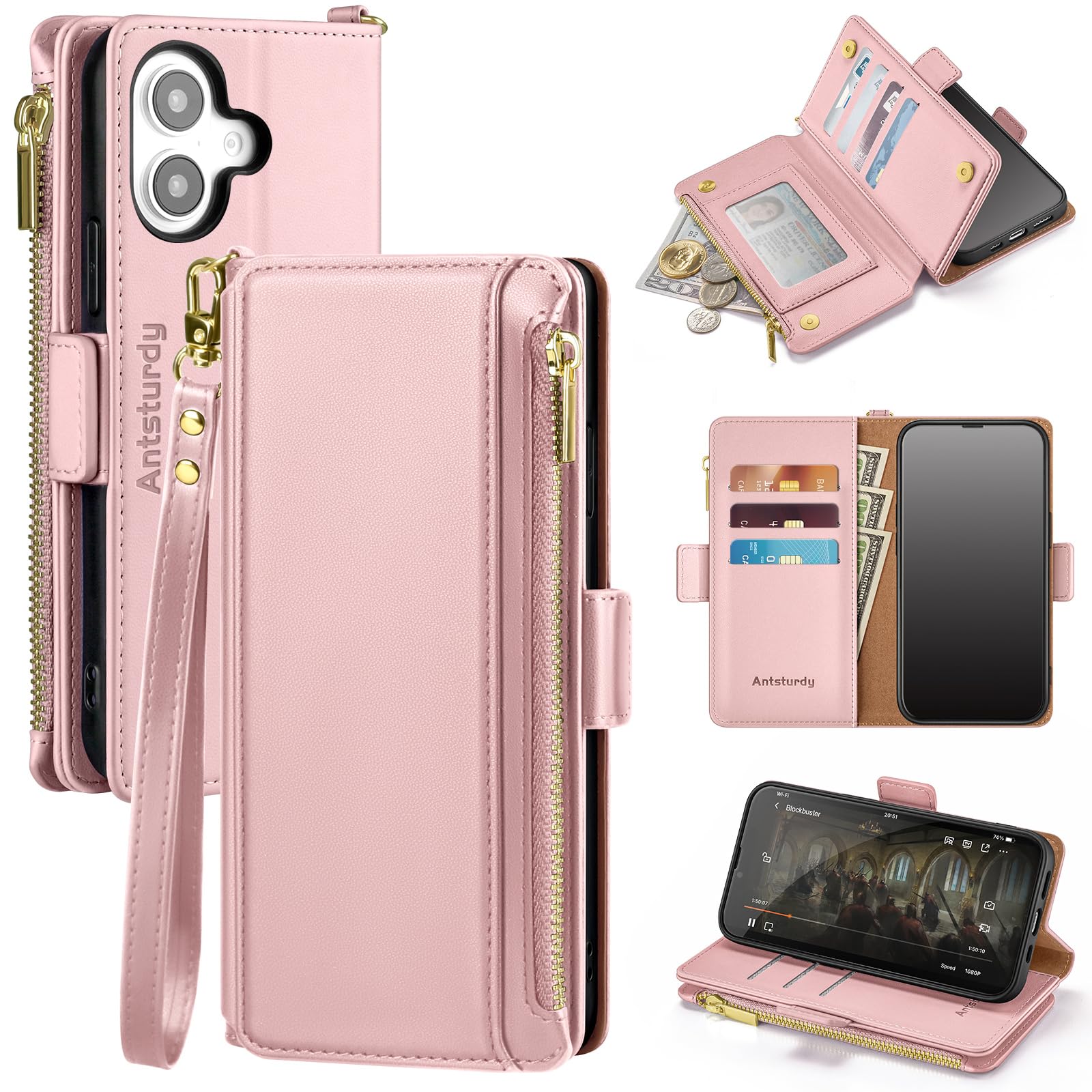 Antsturdy for iPhone 16 Phone Wallet Case Women,Pink | RFID Blocking,with Credit Card Holder Slots,PU Leather Purse,Zipper Pocket,Wrist Strap