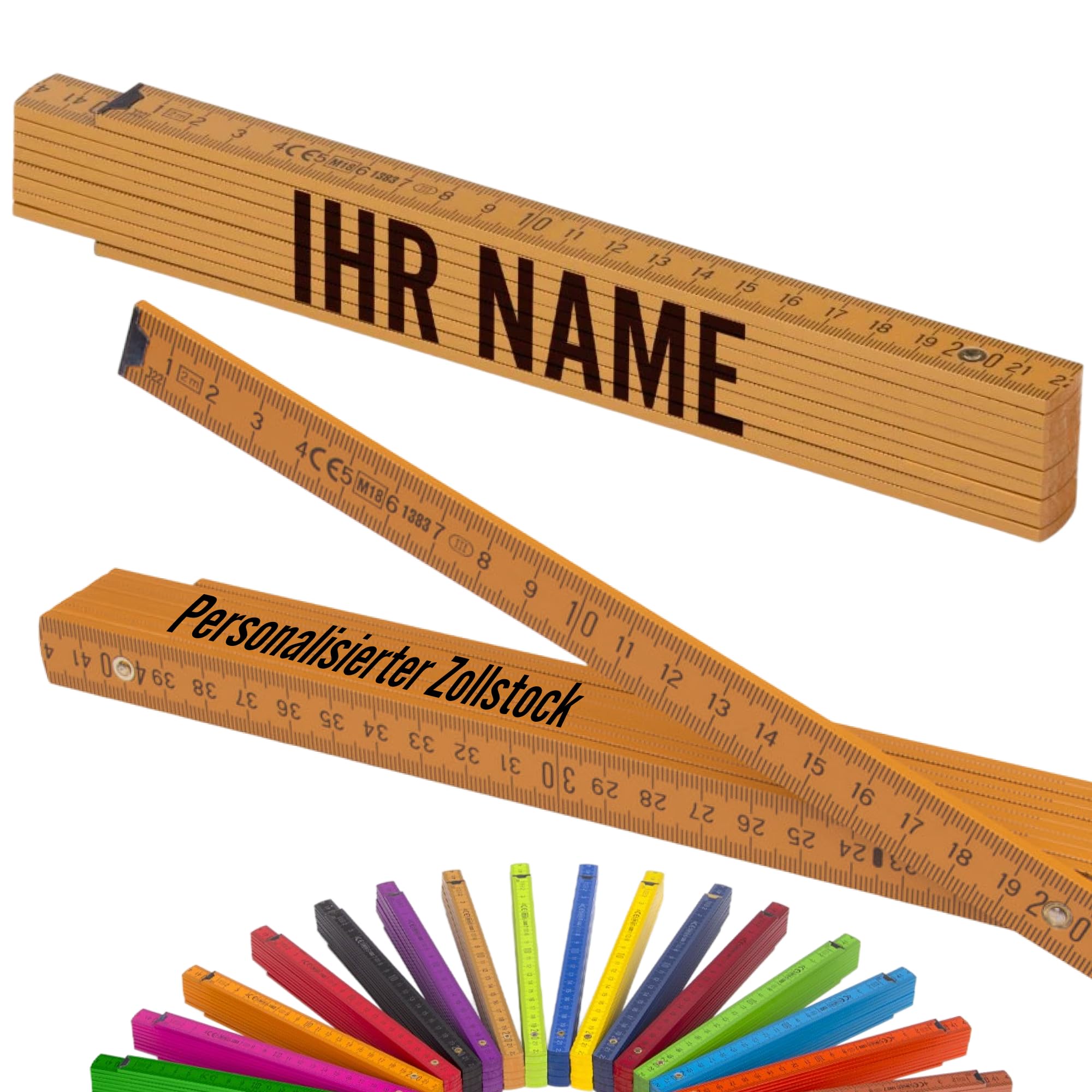 Metrie™ Zollstock - PERSONALISIERT – Gliedermaßstab | Meterstab, Maßstab - 2m - Warmes Braun - Duplex Teilung, Hergestellt in der EU – Druck mit Namen, Wunsch-Text für Handwerker | BLOCK 52 - 1 Stück