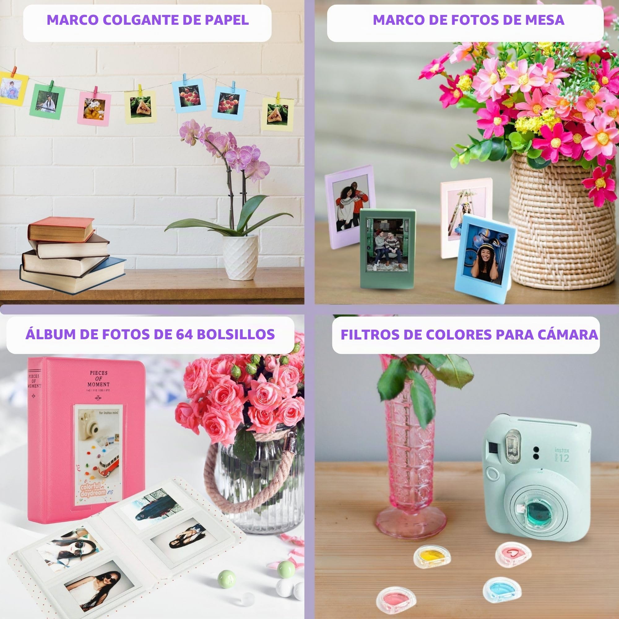 Paquete de cámara instantánea Clikoze con cámara Fujifilm Mini 12 morado lila, película Fujifilm Mini de 40 disparos, estuche Clikoze Mini 12, álbum en miniatura, pegatinas de película, filtros de