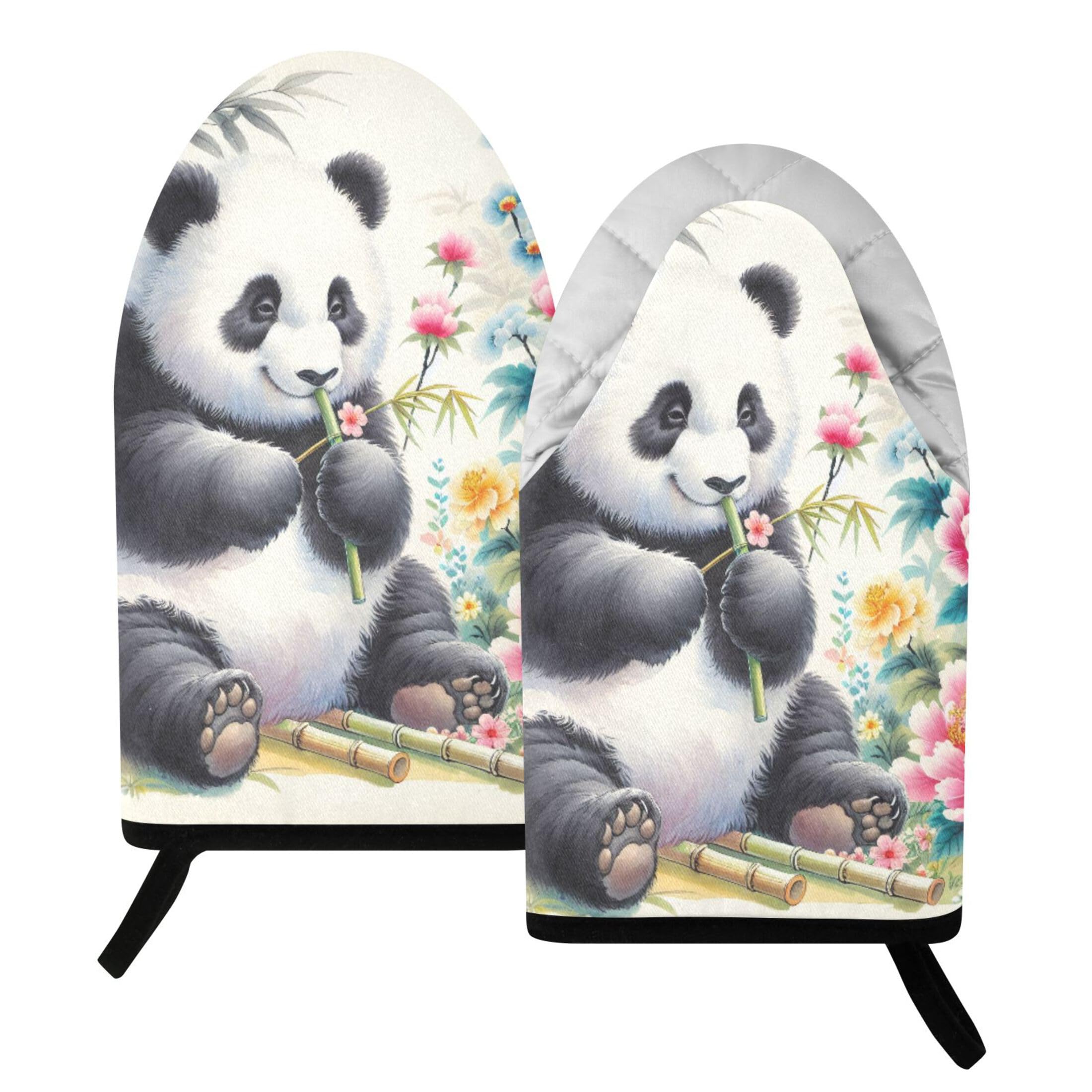 Fuauuyl Oven Mitts Heat Resistant Kitchen Gloves, Chinese Panda Watercolor Classic Oven Gloves with Hanging Loop for Baking BBQ Cooking Grilling, 1 Pair, 9.5 in