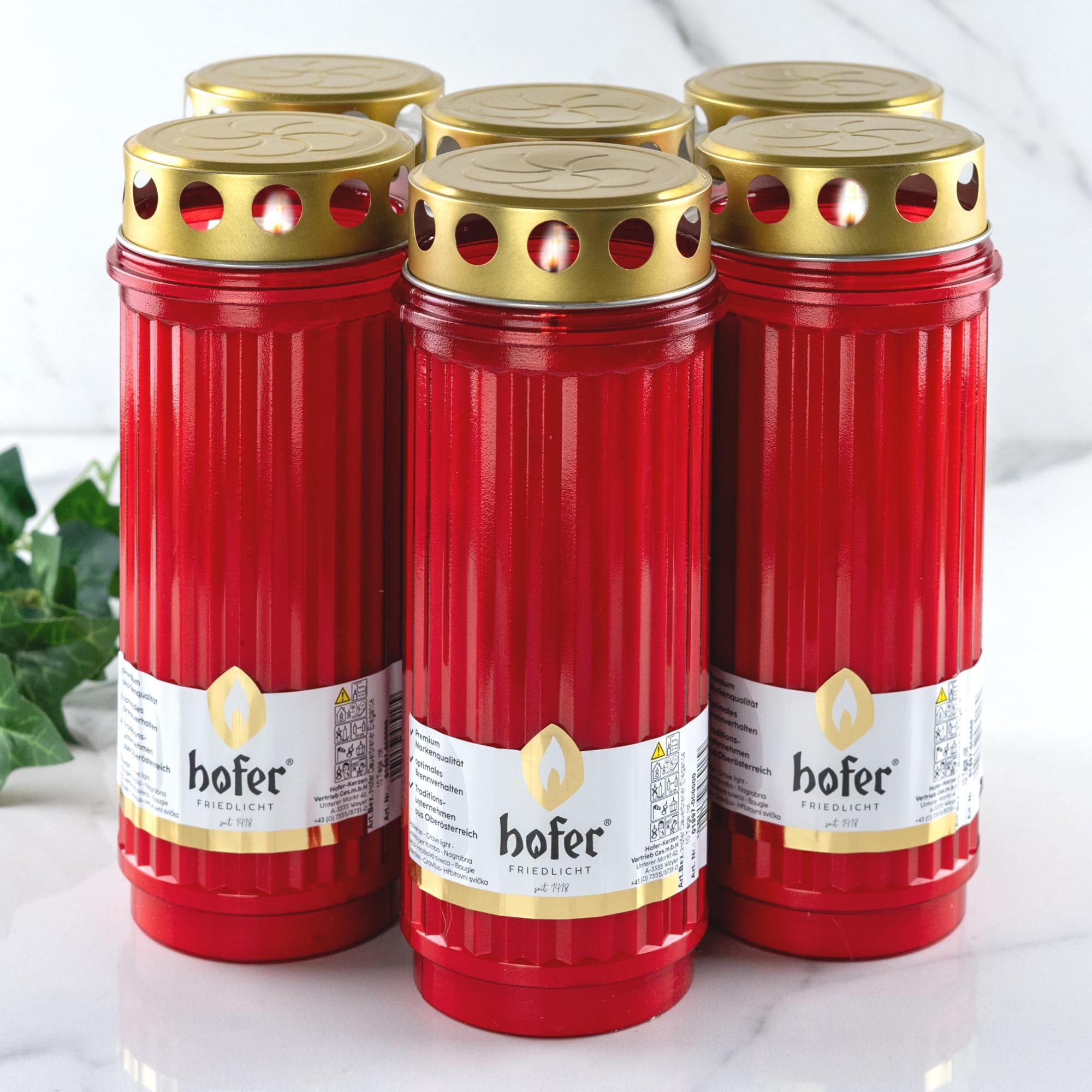 HOFER Grabkerzen, Grablicht, Brenndauer ca. 10 Tage, rot, ELEGANCE, 6 Stk
