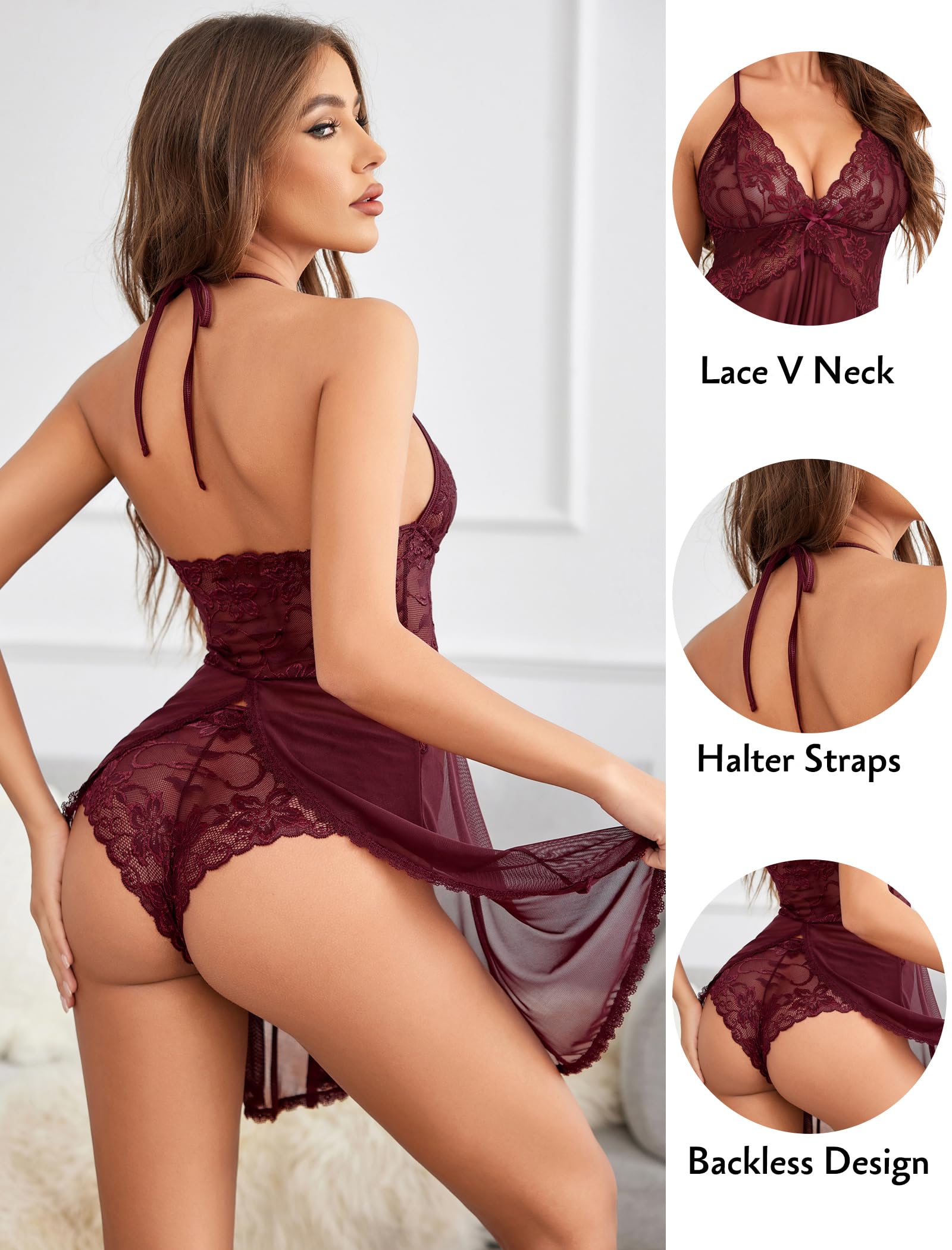 GXNRHG Lingerie pour Femmes Dentelle Nuisette Licou Chemise col en V Chemise de Nuit vêtements de Nuit Sexy Chemise de Nuit