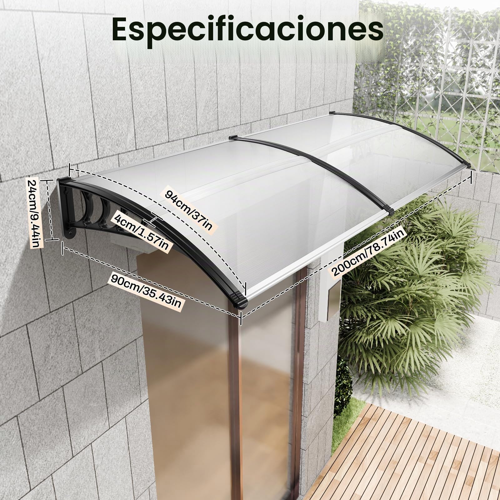 Marquesina para puerta de casa, 200 x 90 cm, de aluminio y policarbonato, toldo transparente para puerta de casa, toldo para puerta, ventana, porche, color gris