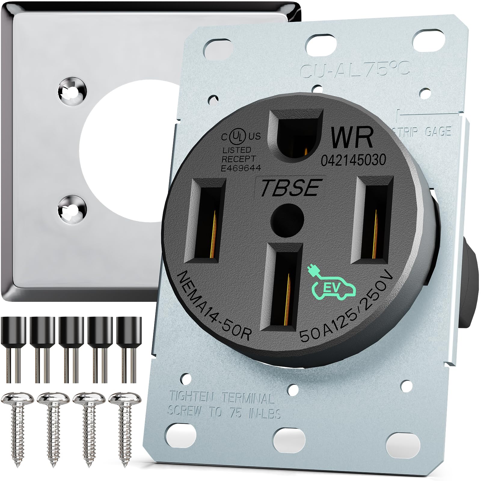 BEBOBLY 50 Amp EV Charging Receptacle/Outlet, Weather-Resistant NEMA 14-50R EV Power Outlet with Wall Plate, U-Shaped Brass Clamp -Industrial Grade, 3-Pole 4-Wire Grounding, 125/250V, UL Listed