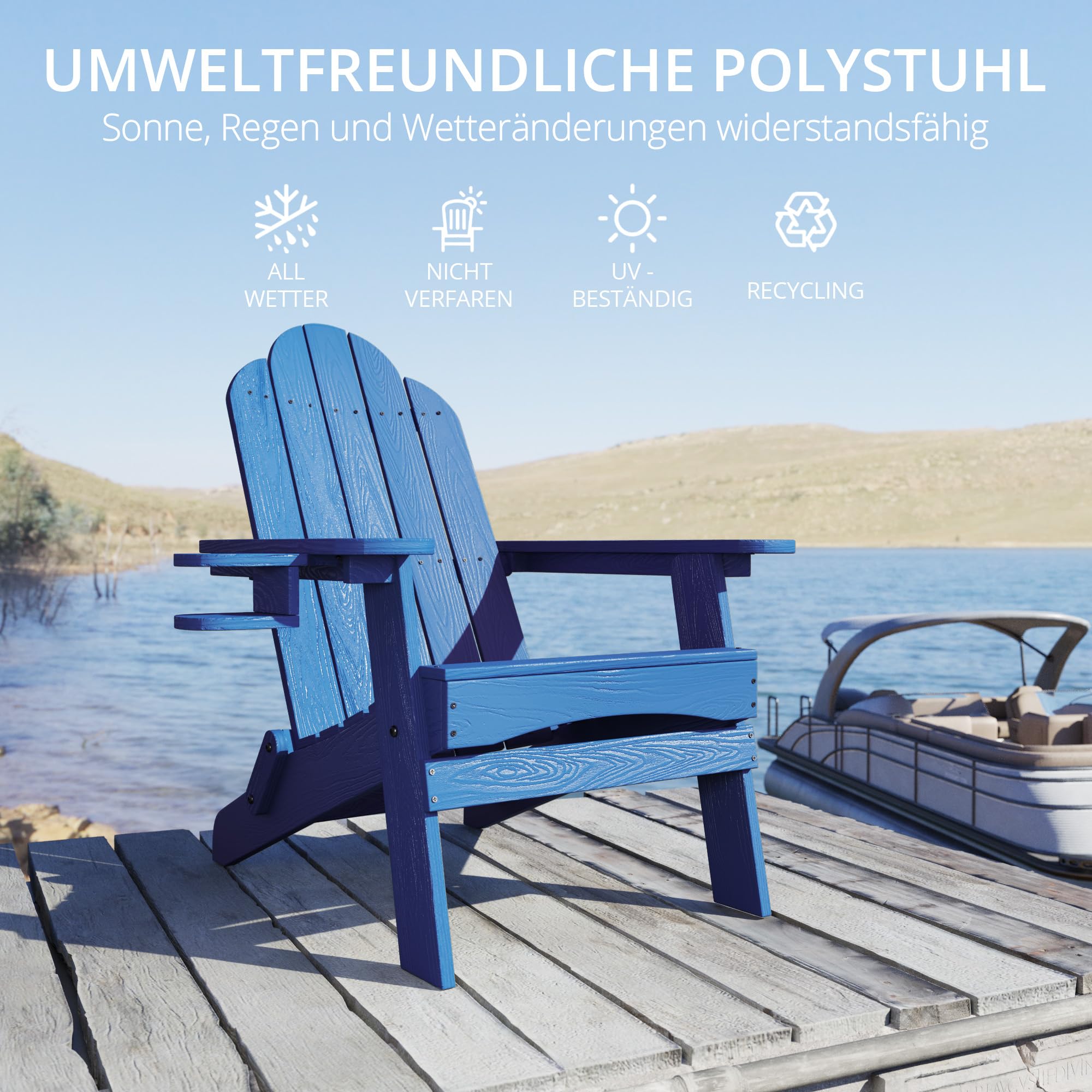 LUE BONA Adirondack Stuhl Klappbar aus Wetterfestem HDPS - 17.1 kg Schwerer Gartenstuhl mit Holzmaserung für Garten, Blau