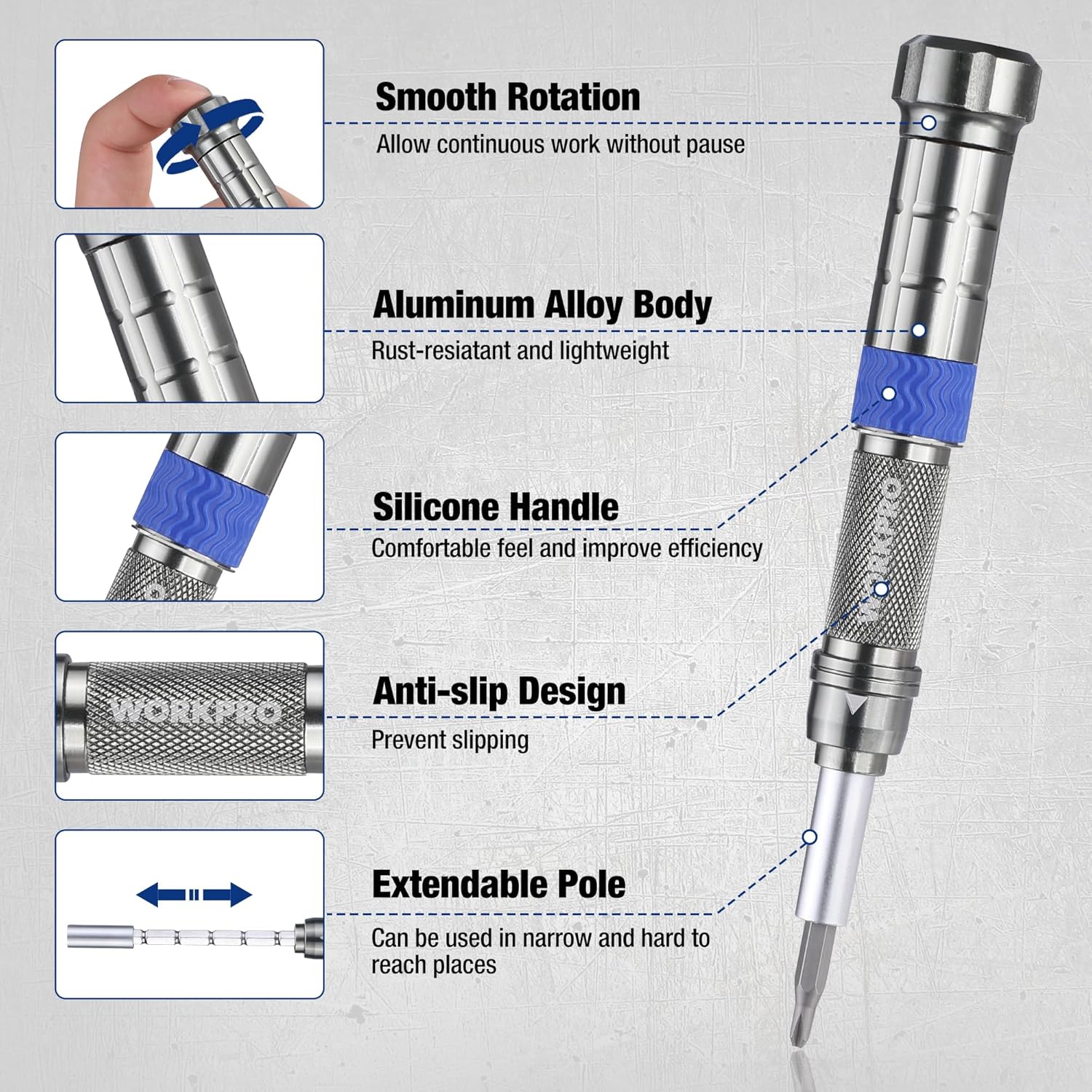 Diagram showing ergonomic features of the screwdriver handle
