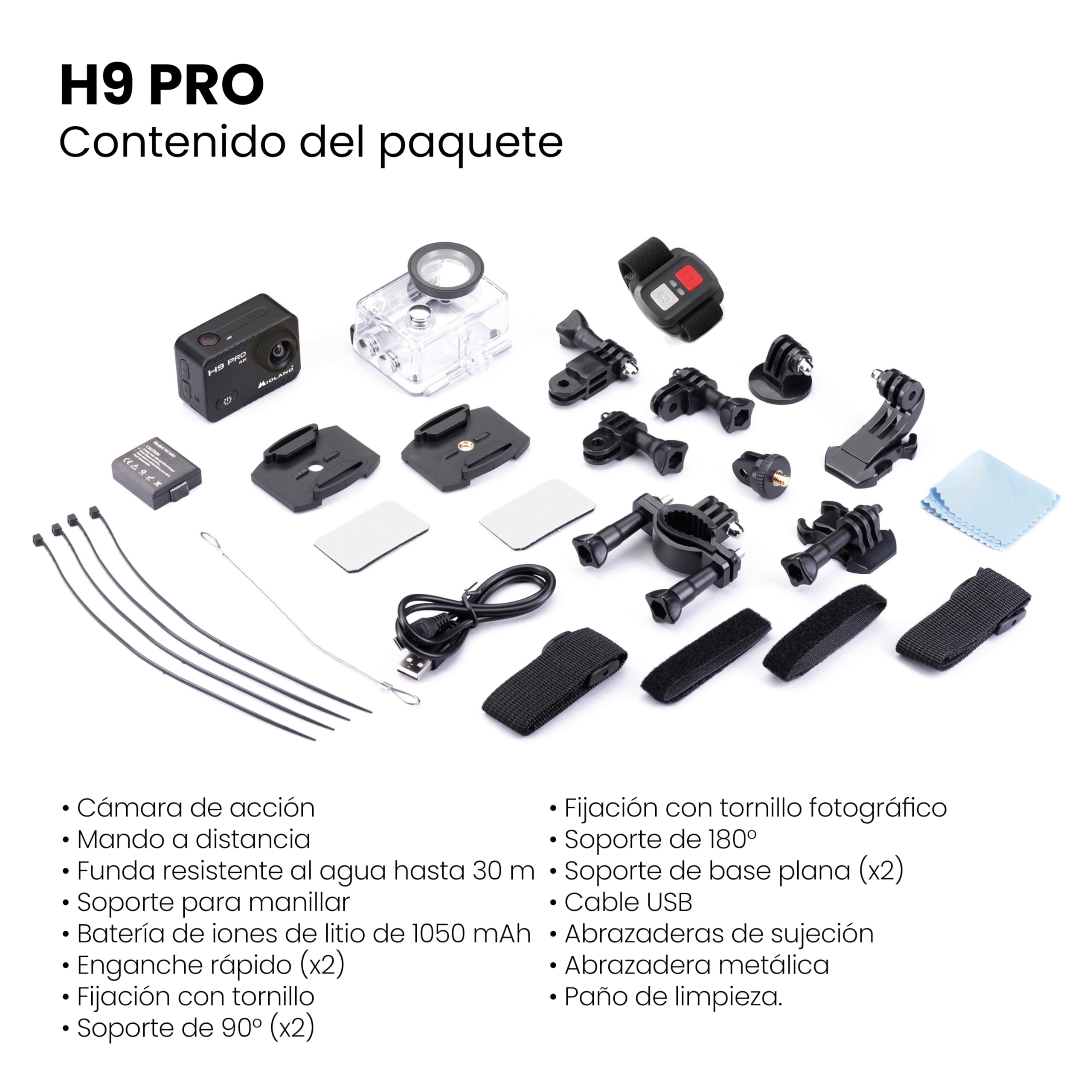 Midland - Cámara Acción 4K H9 Pro WiFi con Mando a Distancia, Cámara Deportiva y Acuática 30 m, 2H de Autonomía, 30fps, Fotos 20MP, Pantalla Táctil IPS, 7 Modos de Video, Control por Smartphone