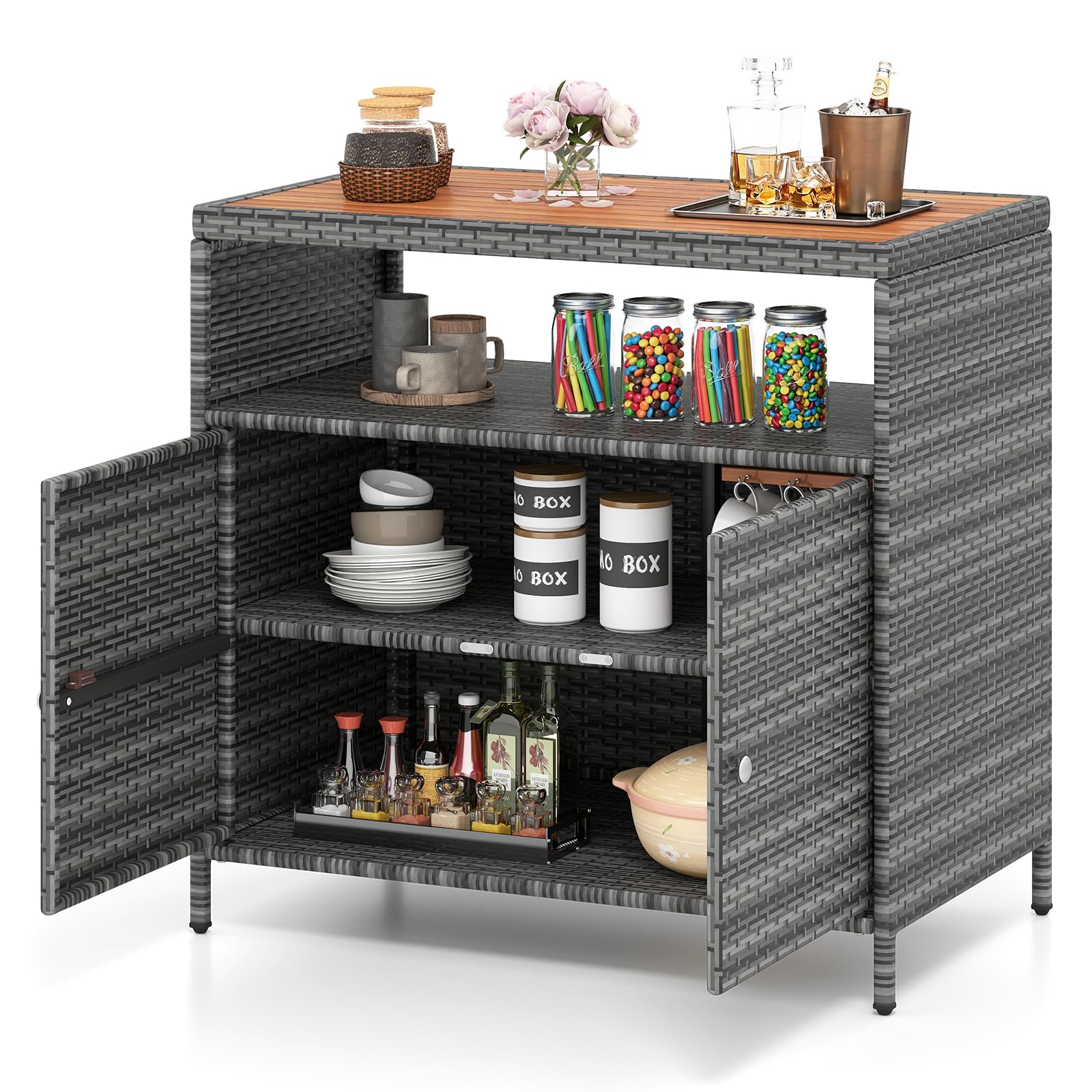 COSTWAY Armoire de Rangement Exterieur en Rotin, Jardin avec Plateau en Bois d'Acacia, Buffet 2 Portes, Gris