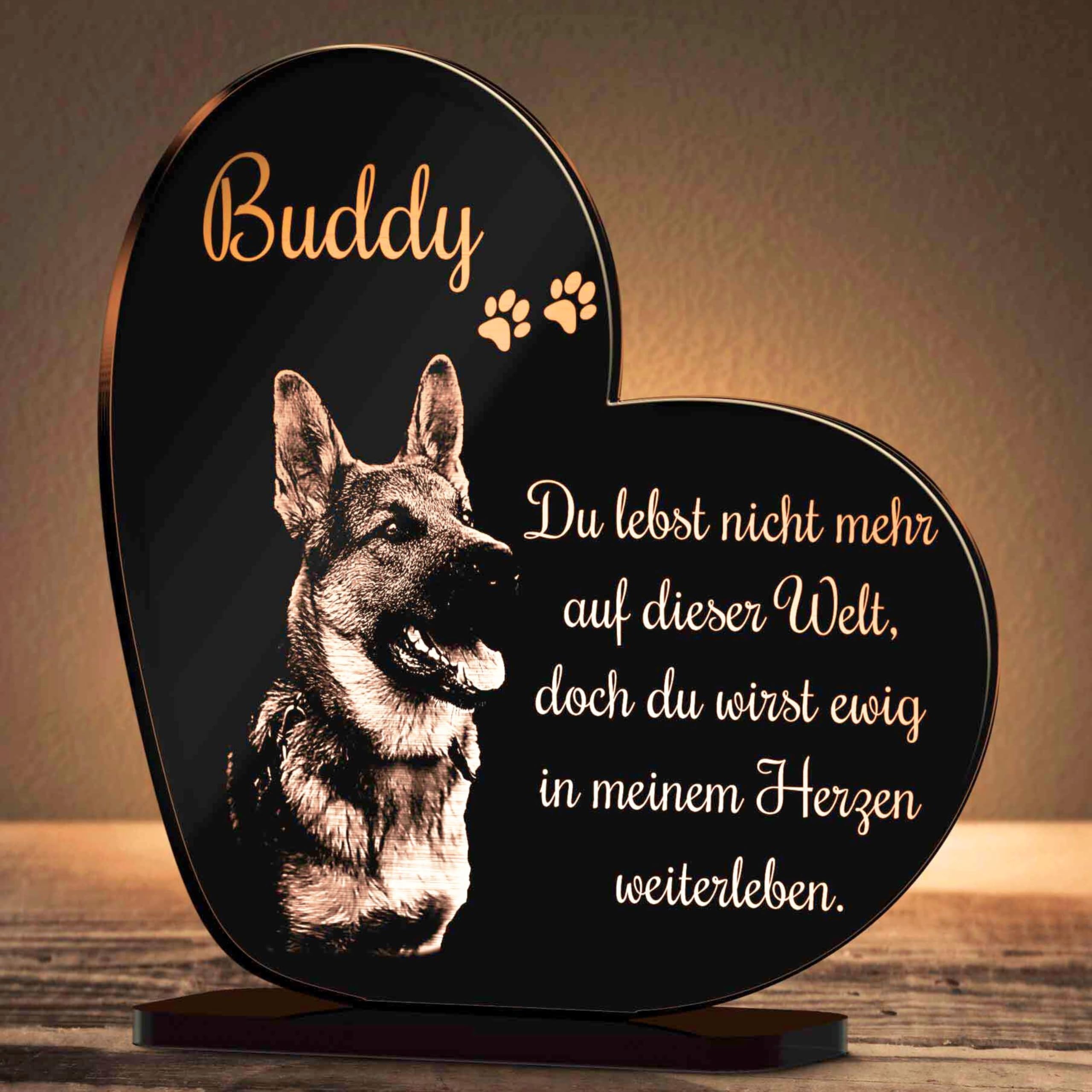 Gedenkstandbild Gedenktafel mit Gravur Fotogravur | Grabstein Katze Herz stehend in 2 Größen | Grabschmuck graviert für Katzen oder Kater - Grabplatte im Kerzenschein leuchtend