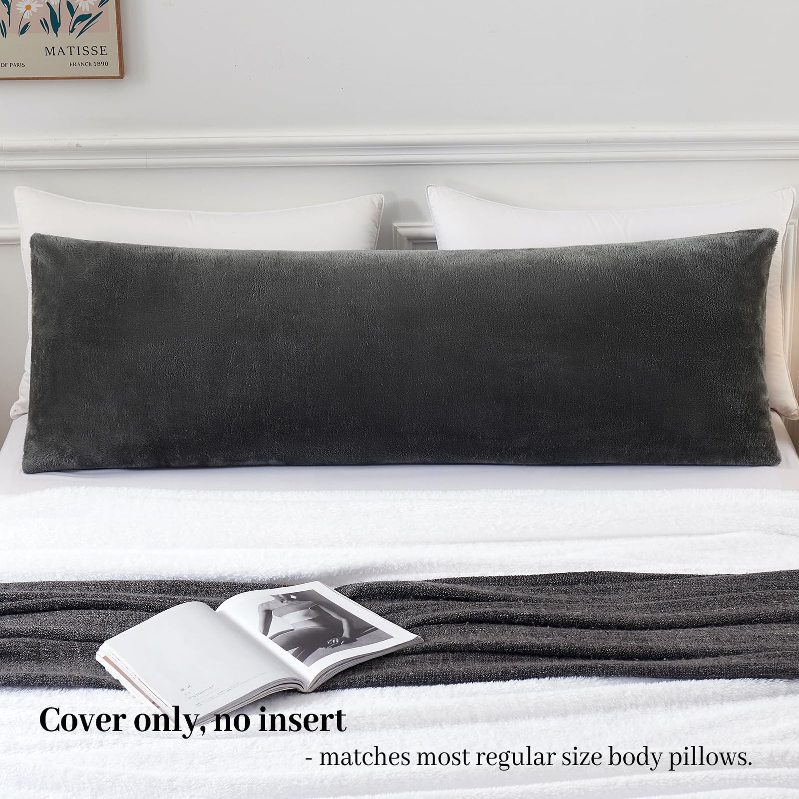 YIYEA Faux Fur Body Pillow Case Cover, Luxury Ultra Soft Fuzzy Pillowcases, Fluffy Plush Velvet Body Pillow Cover with Zipper, Cozy Warmth and No Shedding, 20 x 54, Dark Grey