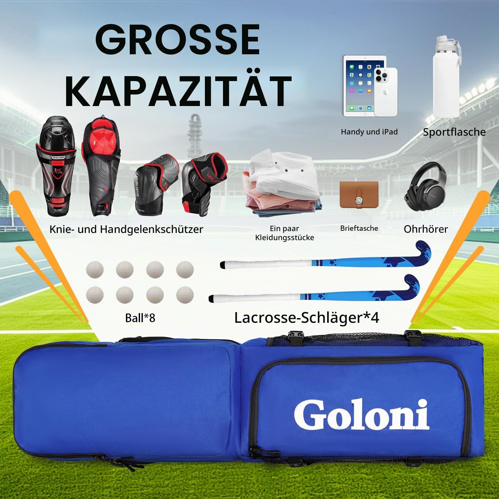Goloni Feldhockey-Tasche mit 4 Schlägern und Schultergurten, Feldhockeyschläger-Rucksack mit Schuhfach
