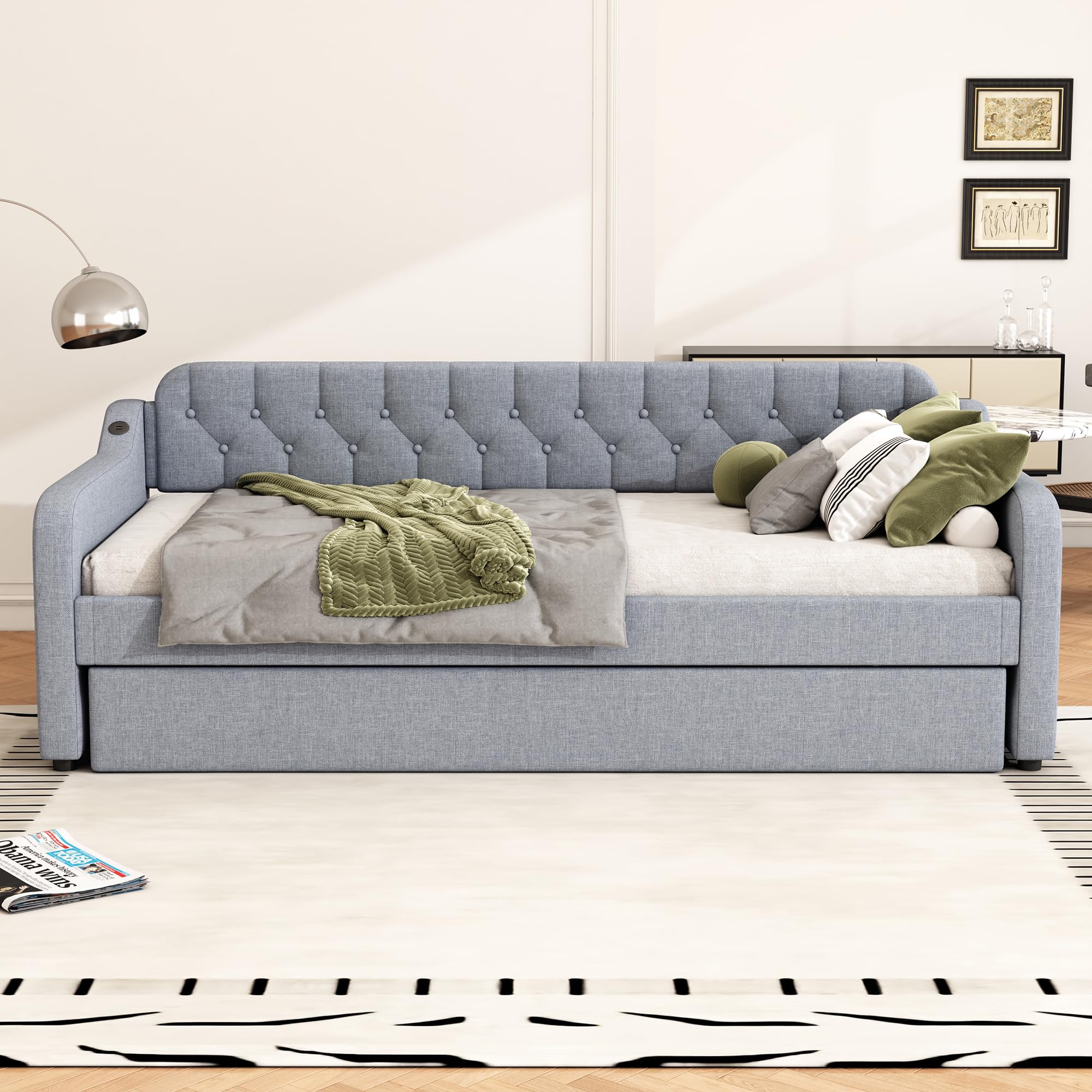 Sofá Cama de 90×200 cm con Cama abatible y USB (Gris, sin colchón), sofá Cama con Superficie para Dormir extraíble – Diseño Moderno 2 en 1 con práctico Puerto USB