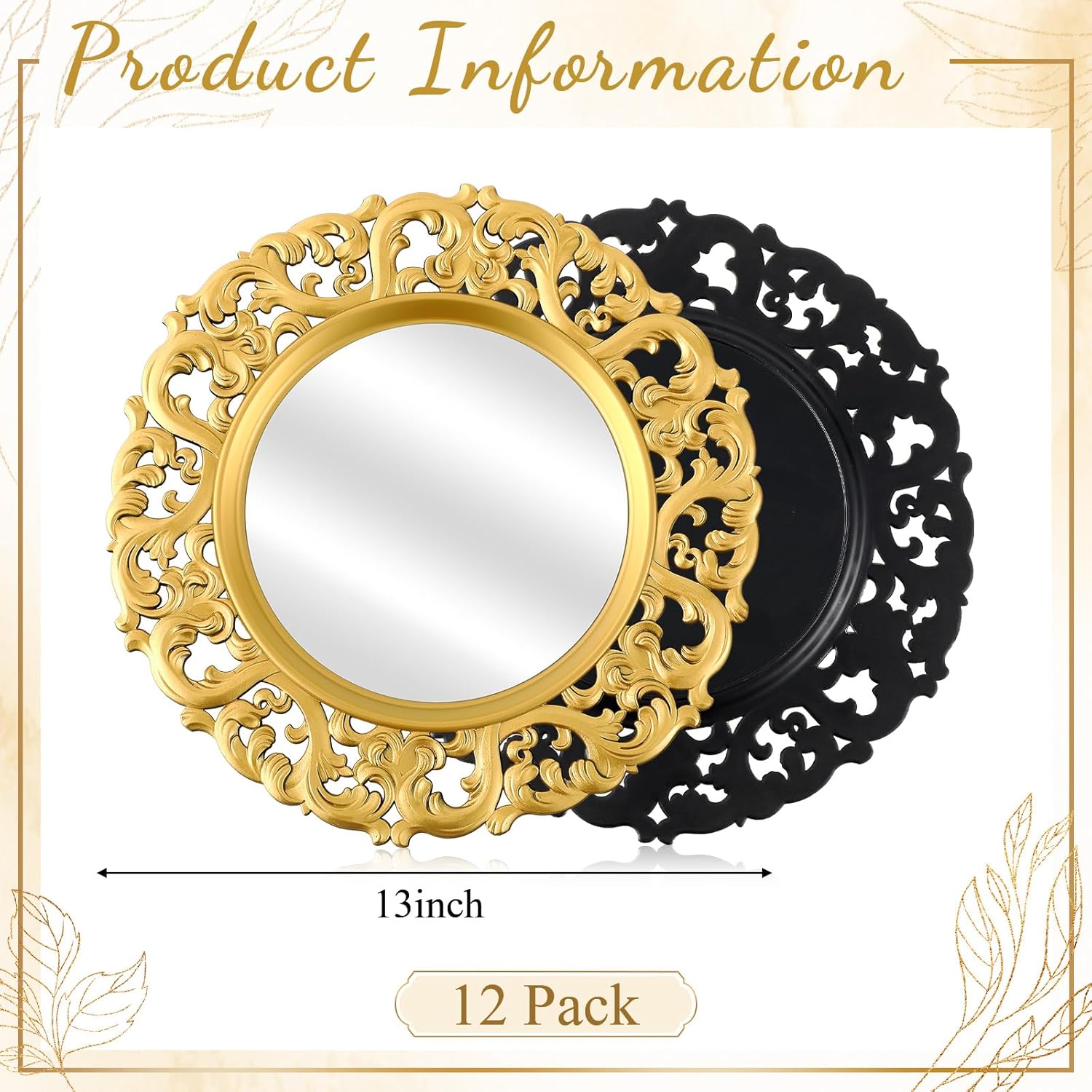 Maxdot 12 Pcs 13" Gold Mirror Charger Plates for Dinner Plates Plastic Round Embossed Edge Dinner Chargers for Table Setting Wedding Party Christmas Holiday Supplies Elegant Tabletop