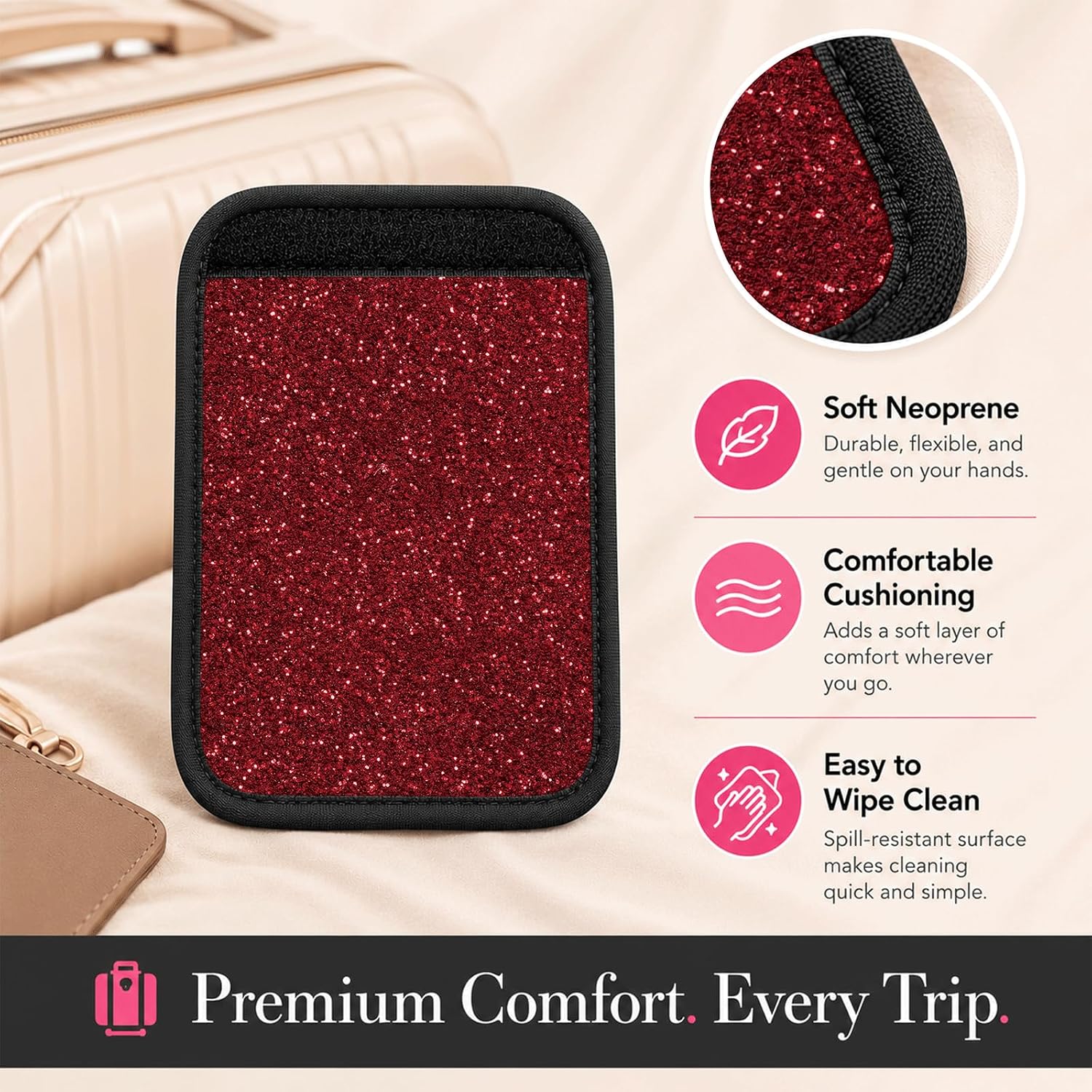Neoprene Luggage Handle Straps, Vibrant Pattern Suitcase Grip Covers, Comfortable Multi-Purpose Wrap Padding, 2 Pack(Sparkling Red Sequins)