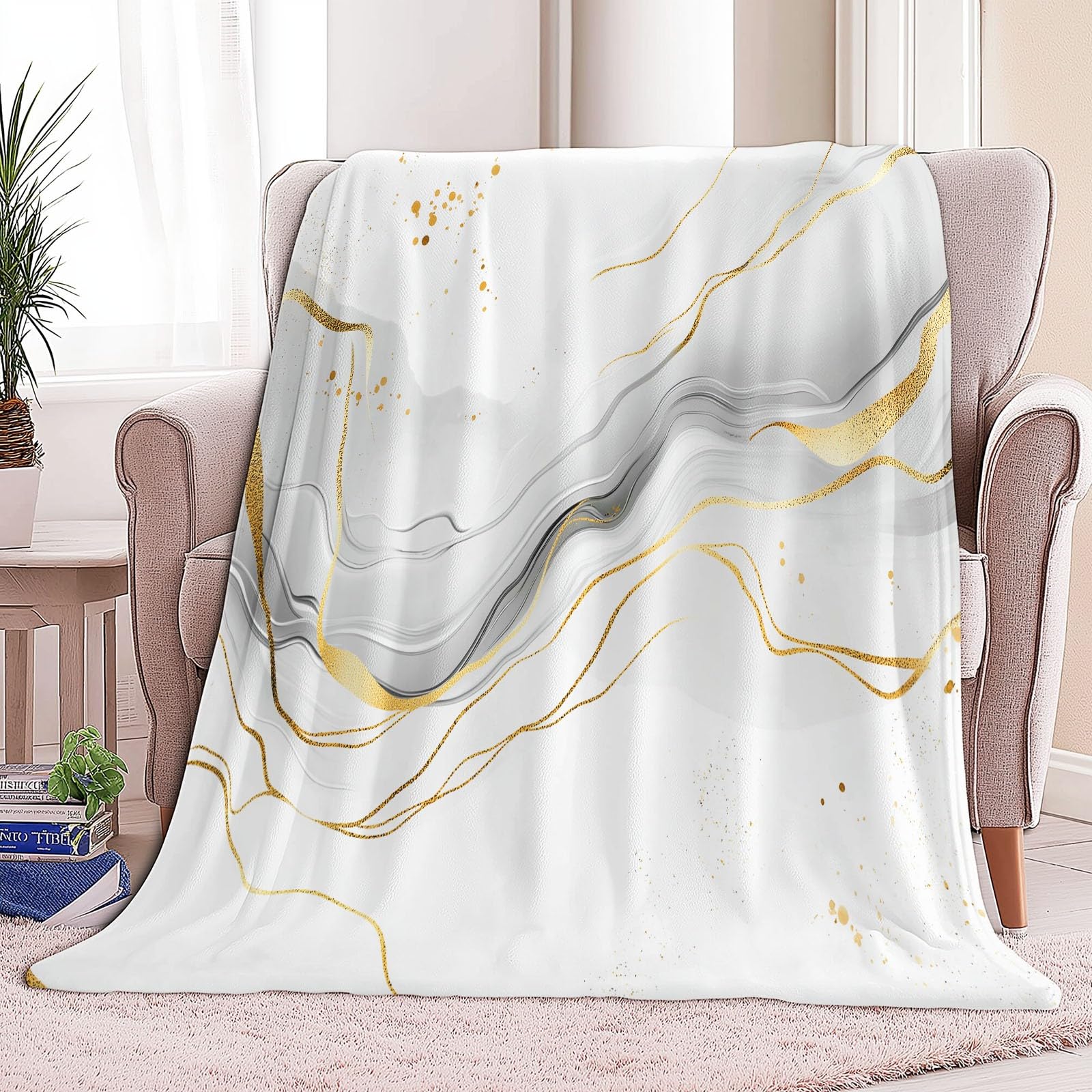 Flanelowy koc 180 x 220 cm Tekstura Złote linie Marmur Puszysty kolor Ciepły koc polarowy z mikrofibry, lekkie białe koce na cały sezon do podróży Łóżko Sofa