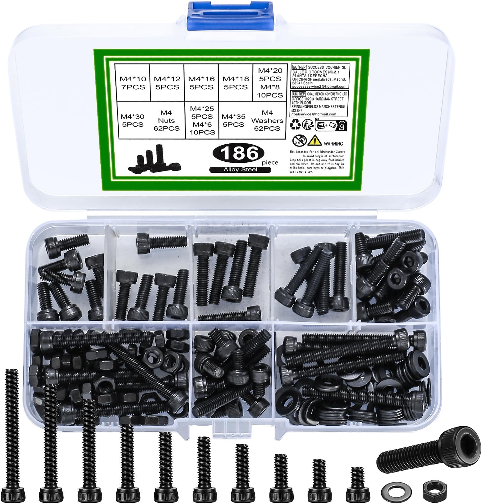 M4 Nuts and Bolts Set, 186 Pcs Hexagon Socket Head Cap Screws, Hex Socket Cap Head Screw, Black Machine Scraw Bolts and Nuts and Flat Washers Assortment Kit, for DIY Bicycle Motorcycle Repair