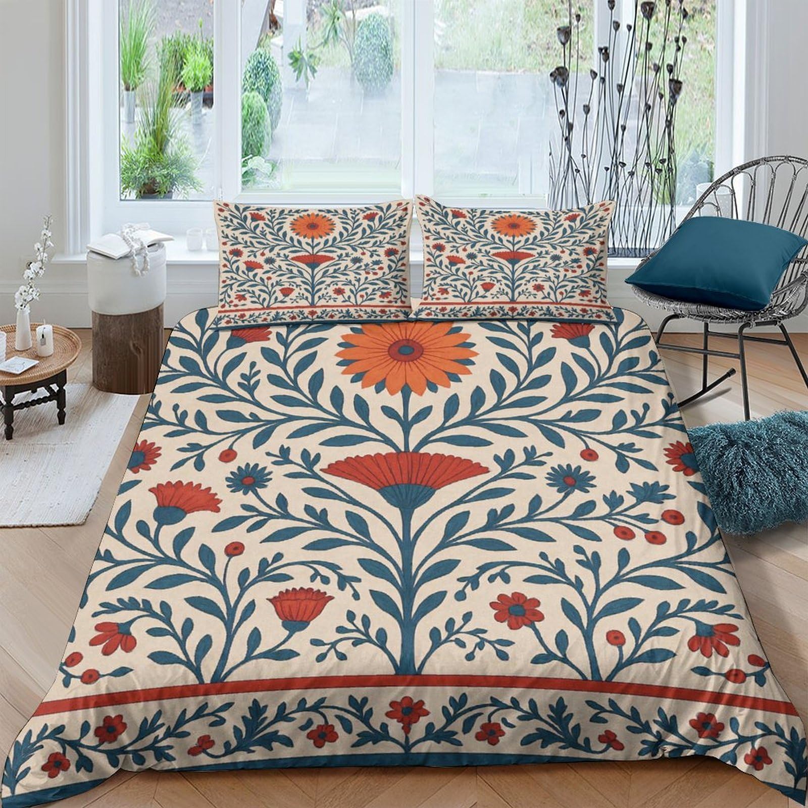 Ctjqhvkz Style-9 3D Printed Bohemian Floral Fitted Sheet Microfiber Soft Orange Blue Ethnic Pattern Bed Cover For Bedroom Guestroom Single（135X200cm）